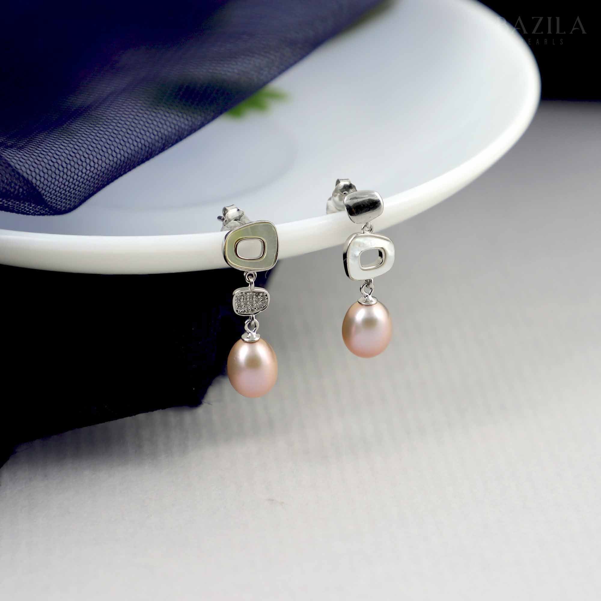 Silver Geometric Earrings with pink Pearls & Mother Of pearl