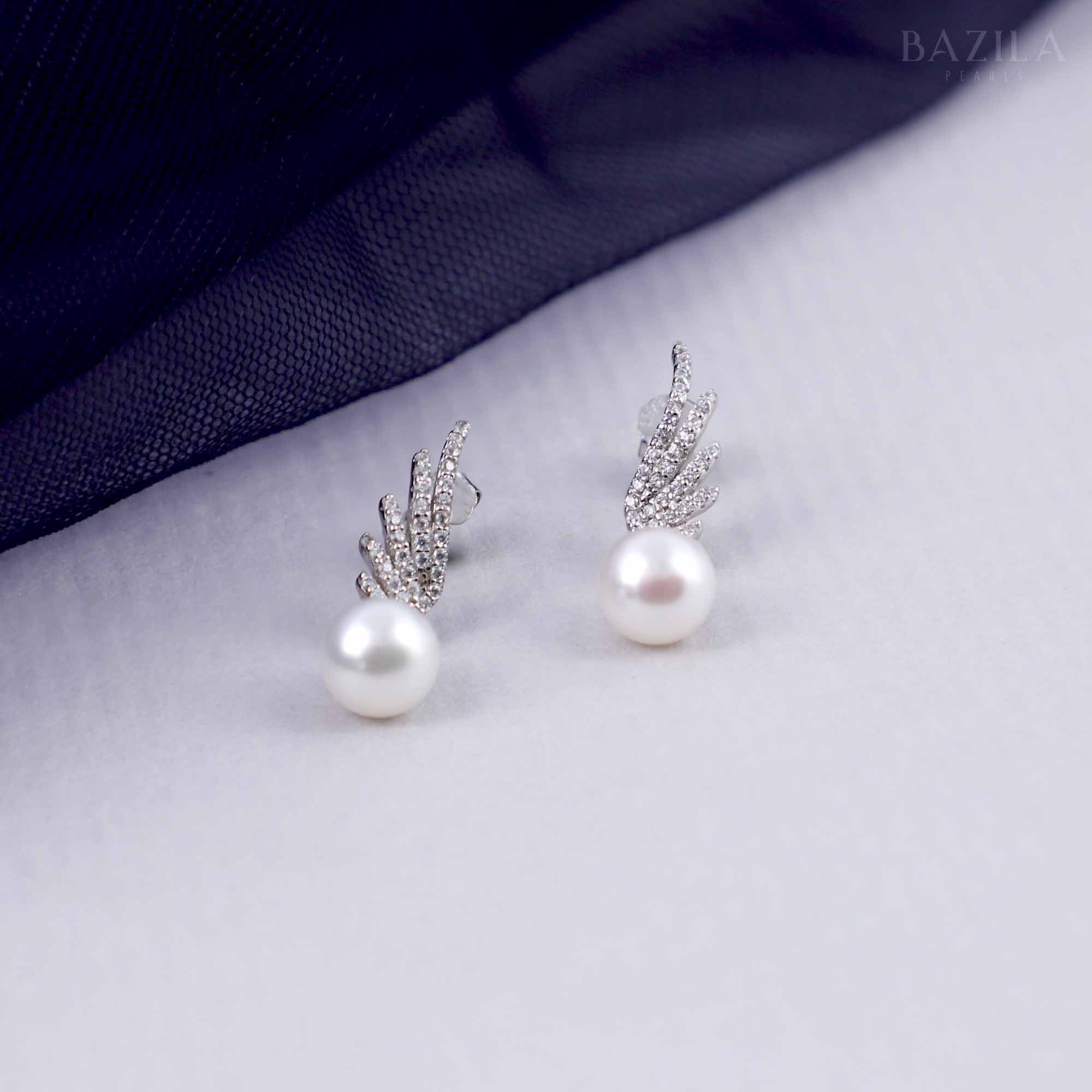 White Pearl Stud Earrings with Angelic Zircon Wings