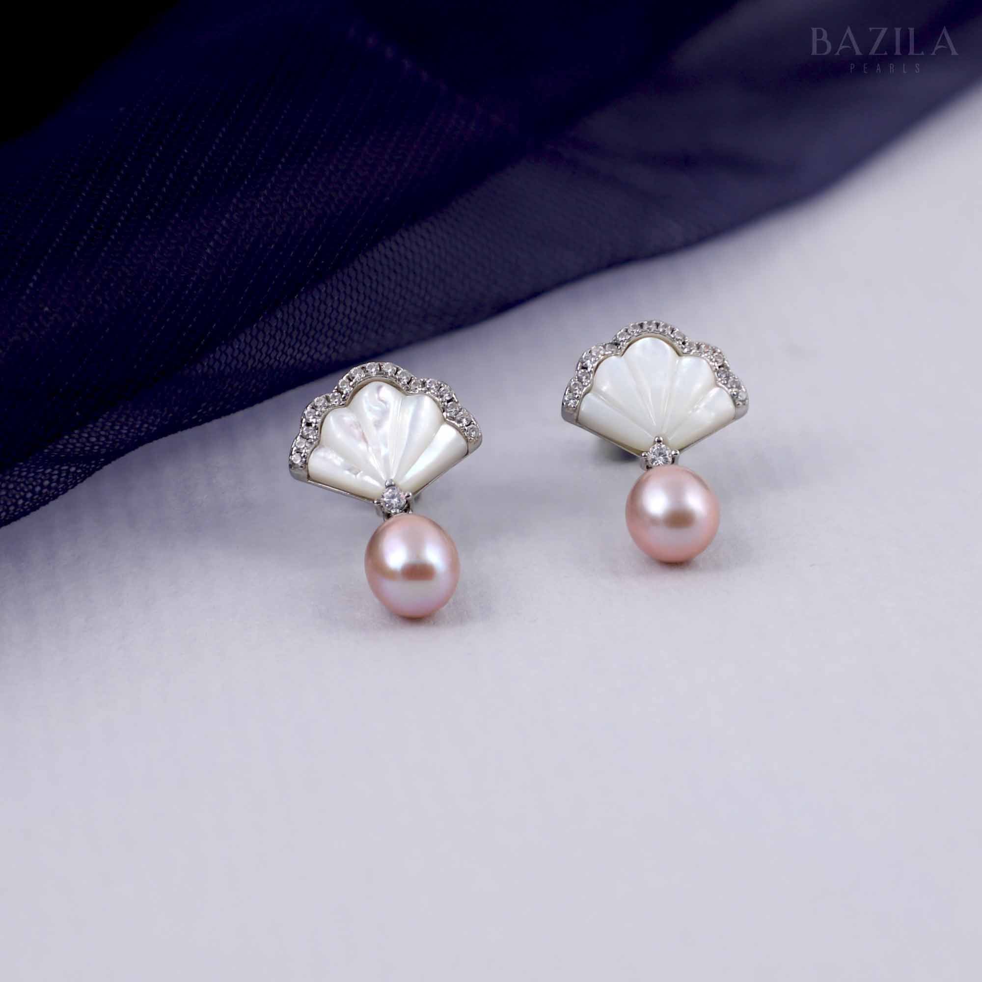 Pink Pearl Drop Earrings with Mother-of-Pearl Fan Design