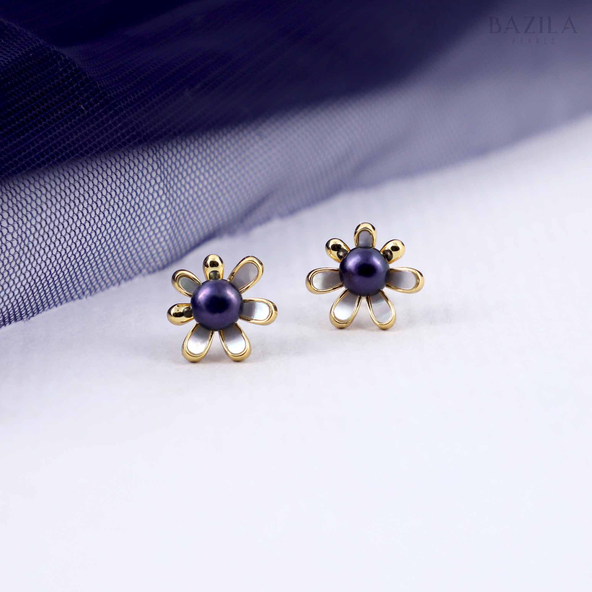 Black Pearl Floral Earrings with Gold Petal Frame
