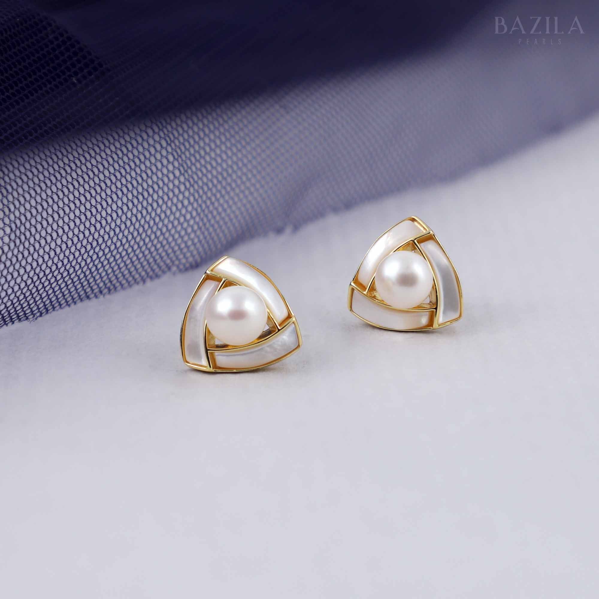 Geometric White Pearl Earrings with Gold & Mother of Pearl Inlay