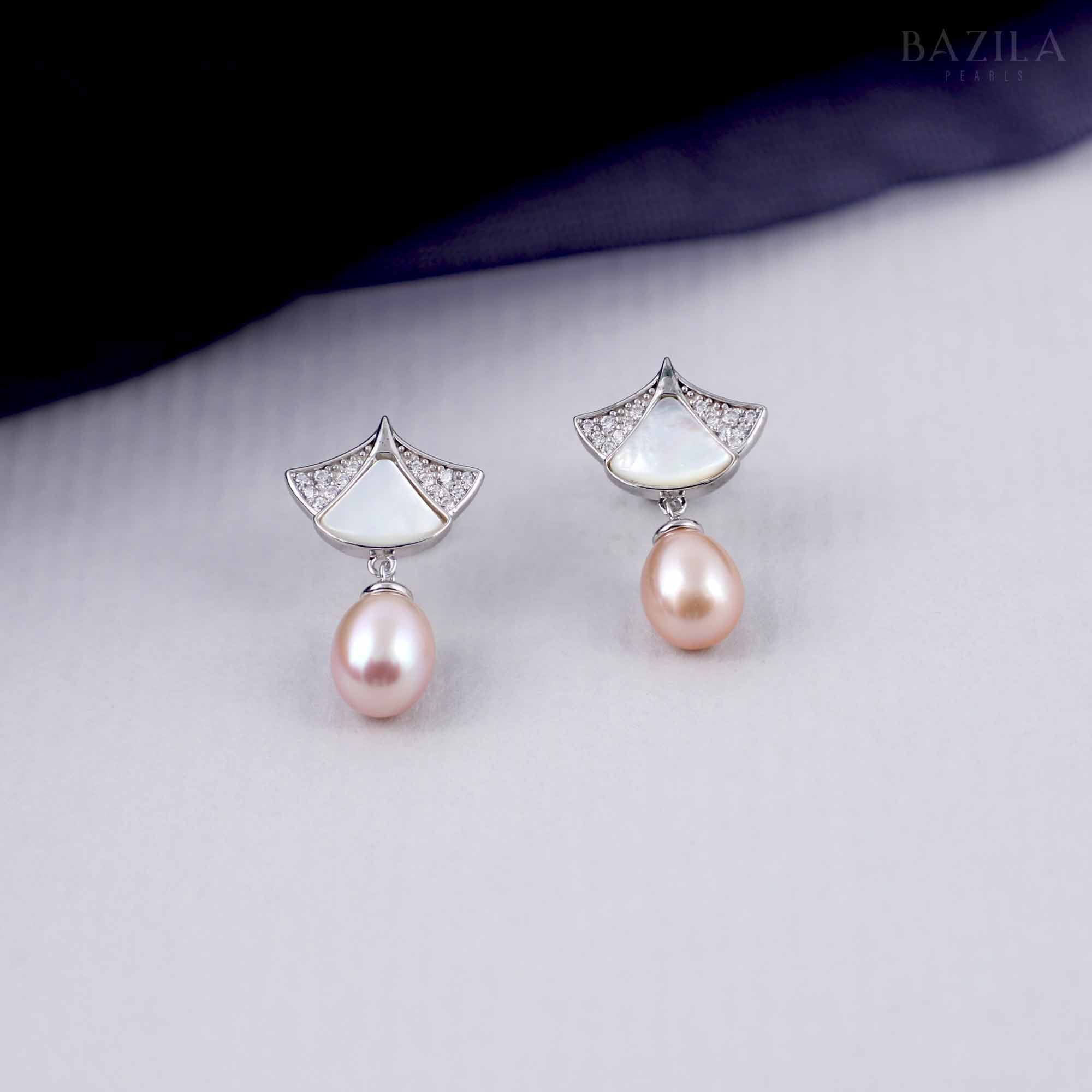 Pink Drop Pearl Earrings with Fan-Inspired Mother of Pearl Top