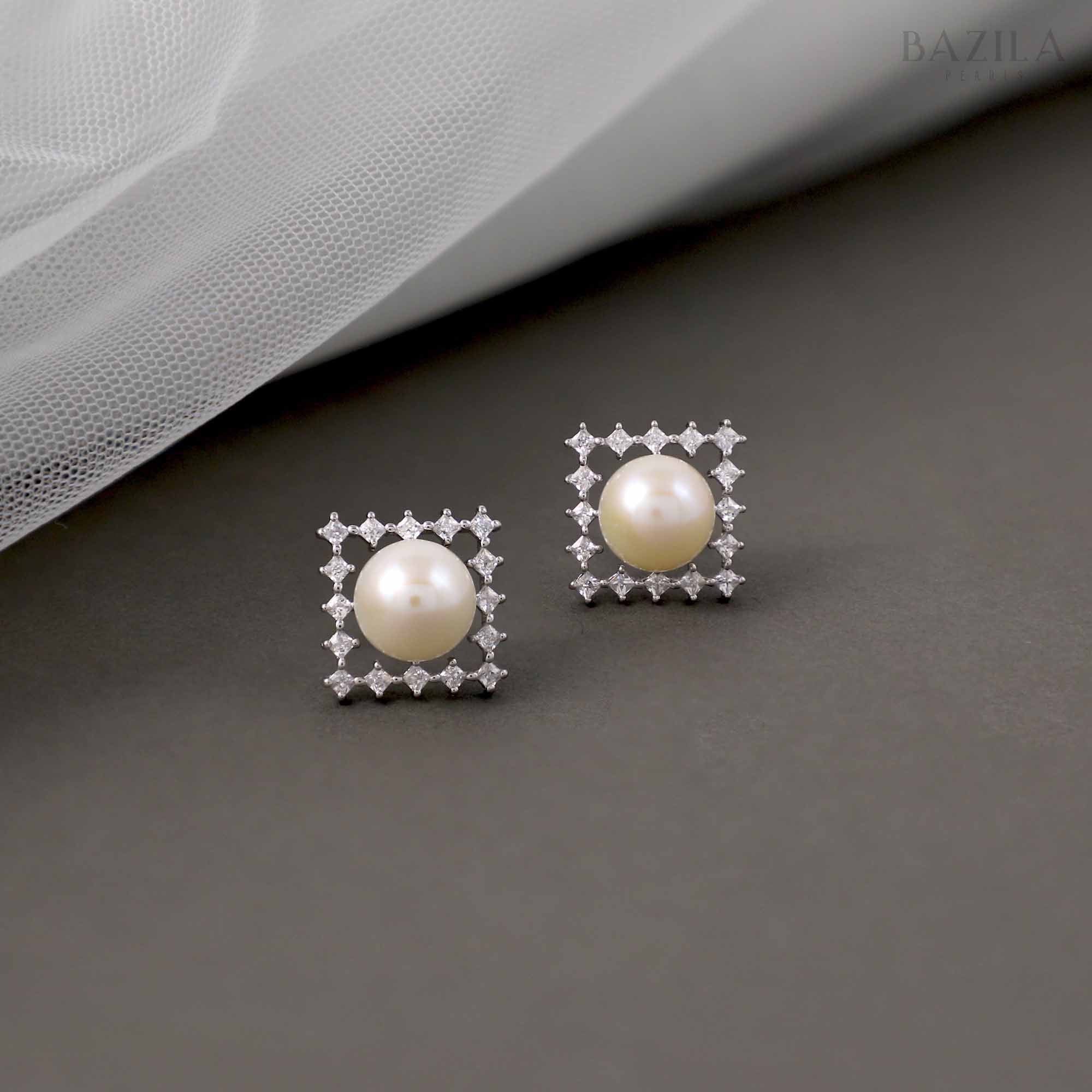 Square Halo Stud Earrings with Lustrous Pearl