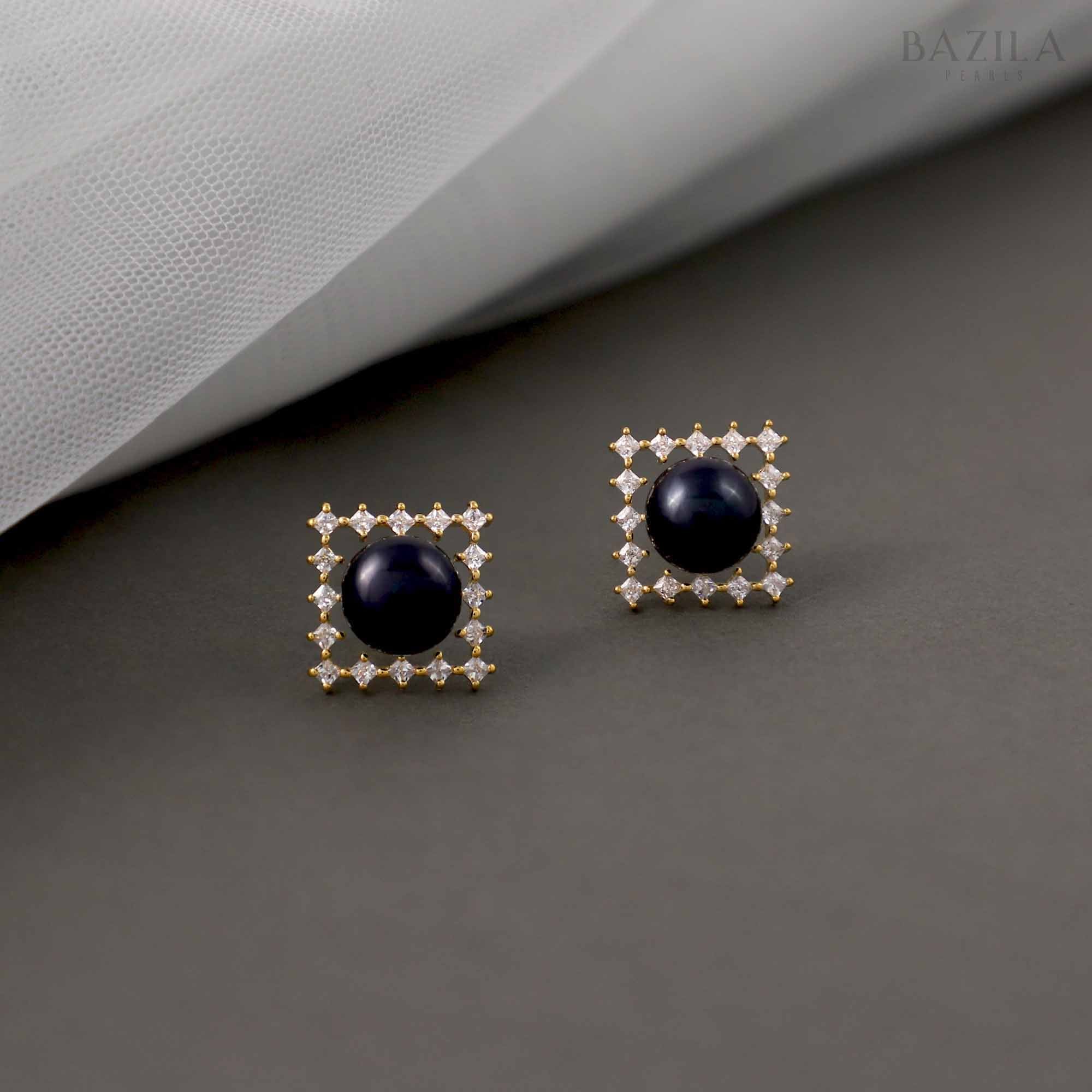 Black Pearl Stud Earrings with Zircon-Embellished Square Frame