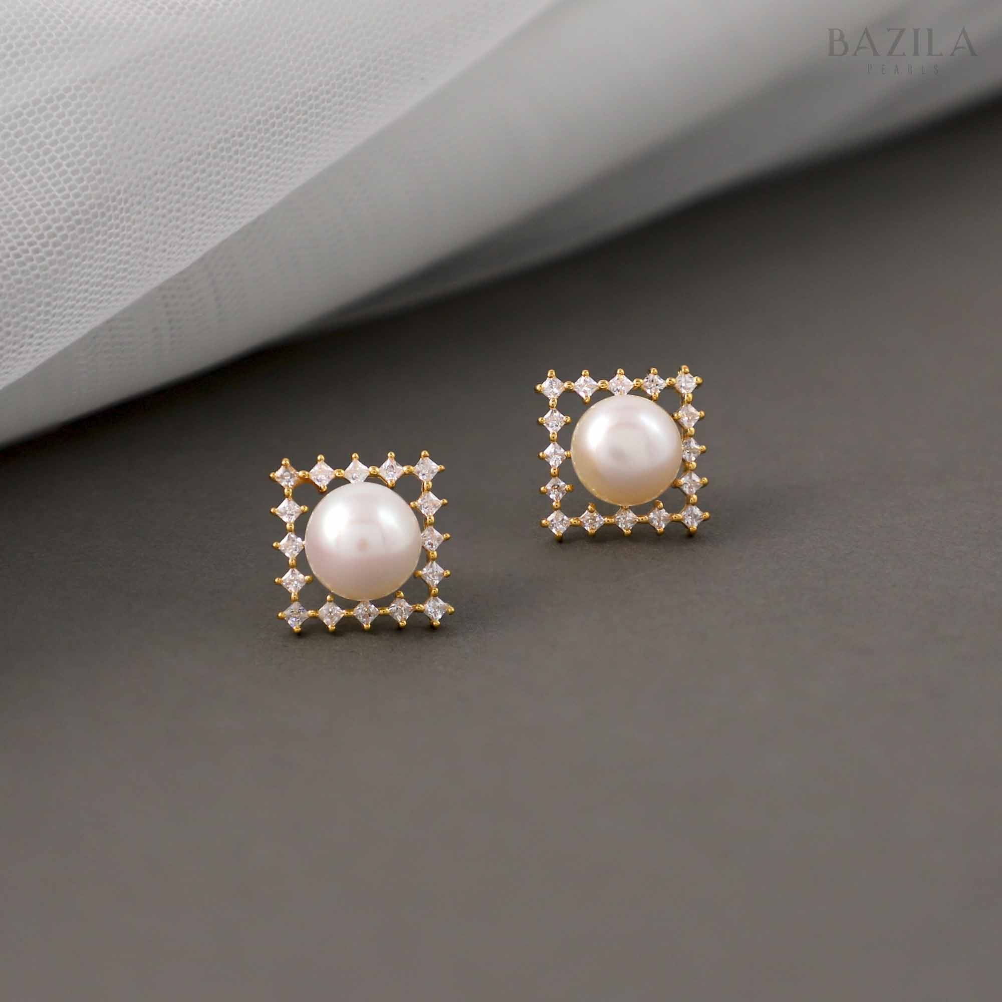 Gold Pearl Stud Earrings with Zircon-Studded Square Design