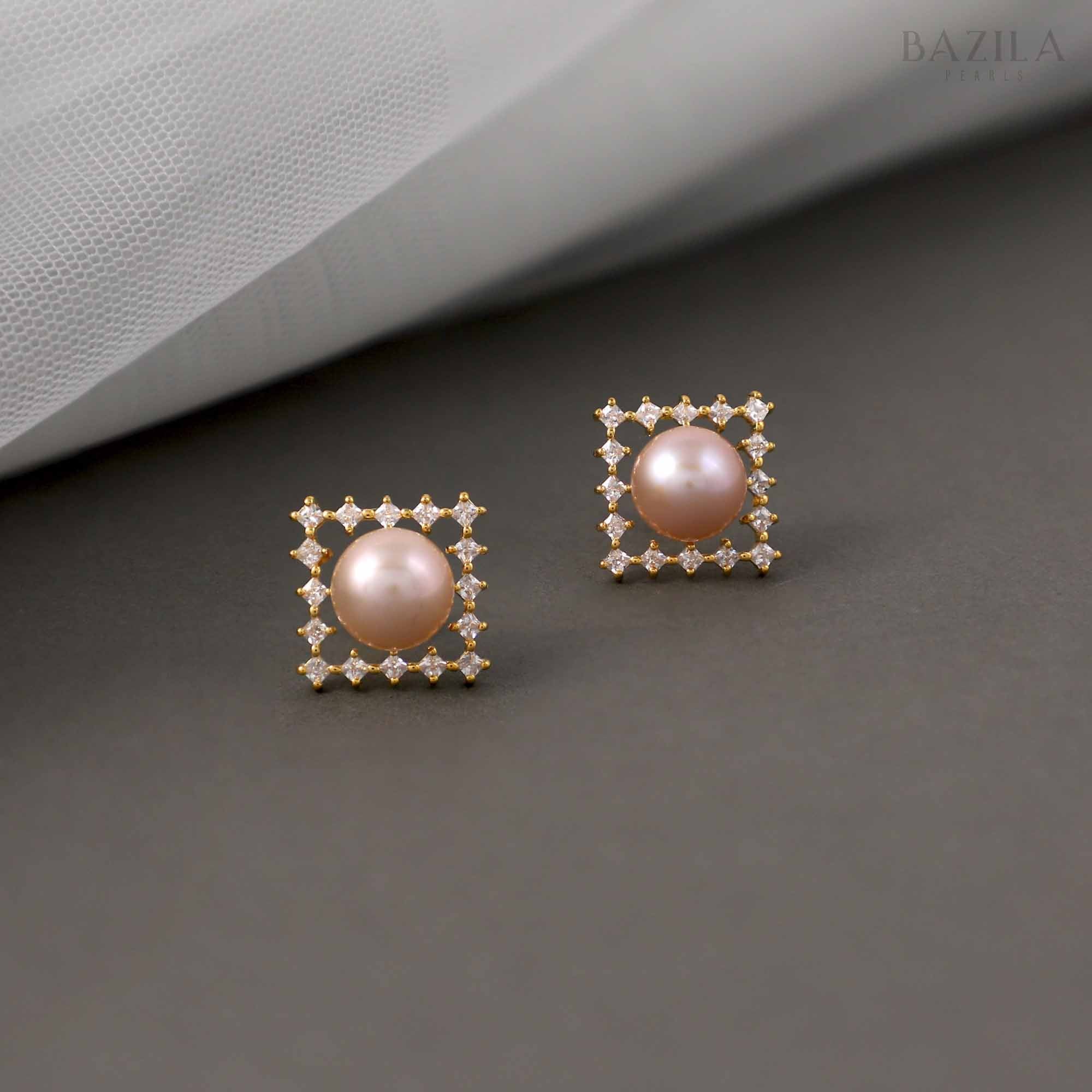 Pink Pearl Stud Earrings with Dazzling Zircon Square Frame
