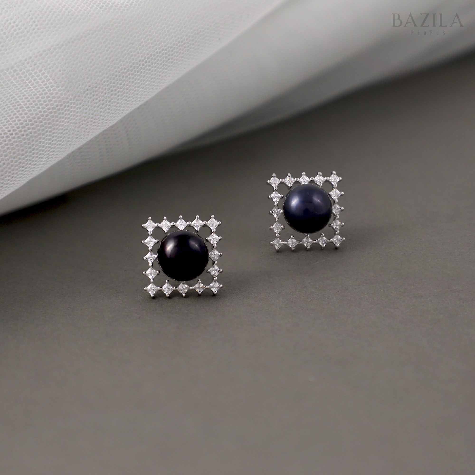 Black Pearl Stud Earrings with White Zircons in a Silver Square Frame