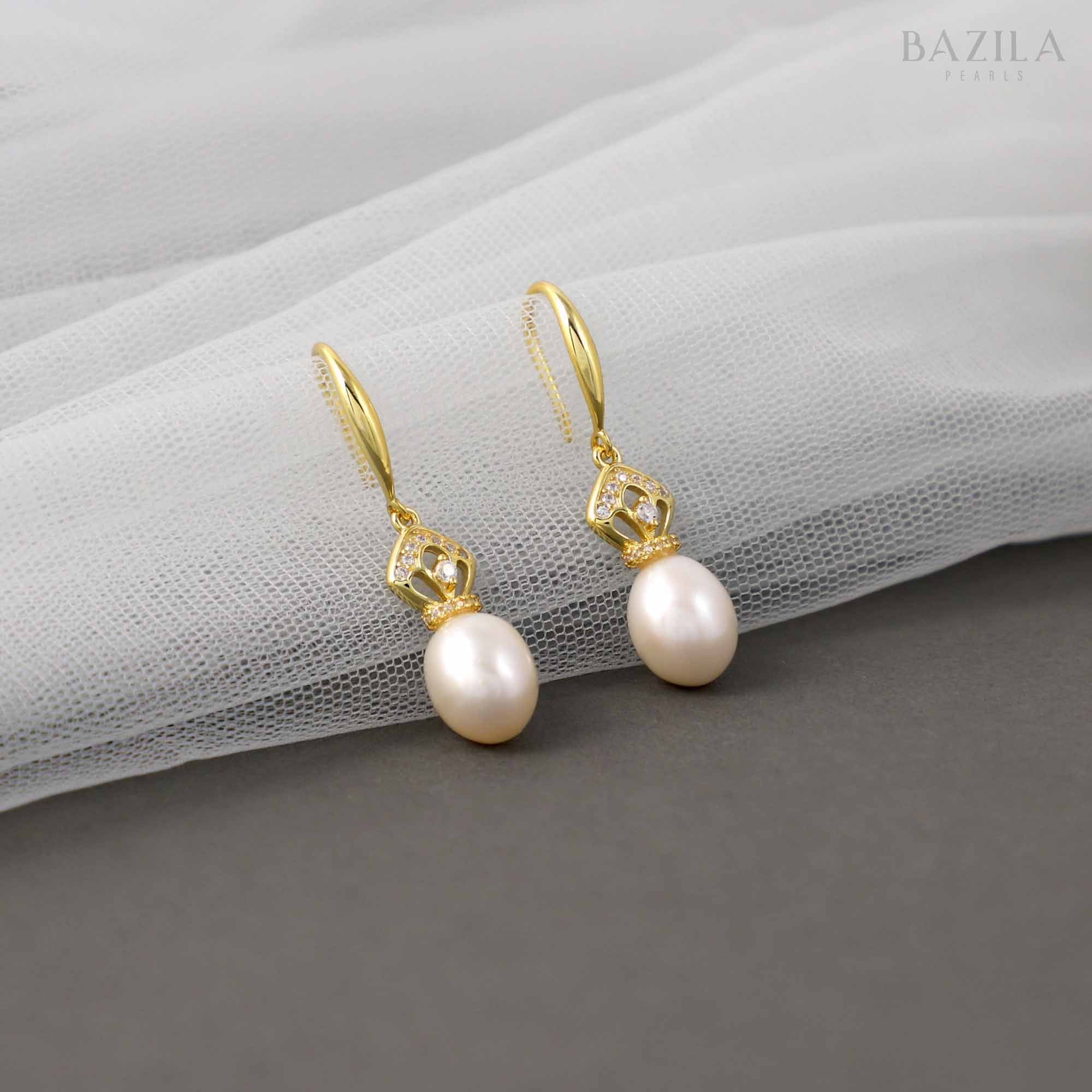 White Drop Pearl Earrings with Gold Crown Cap Detail