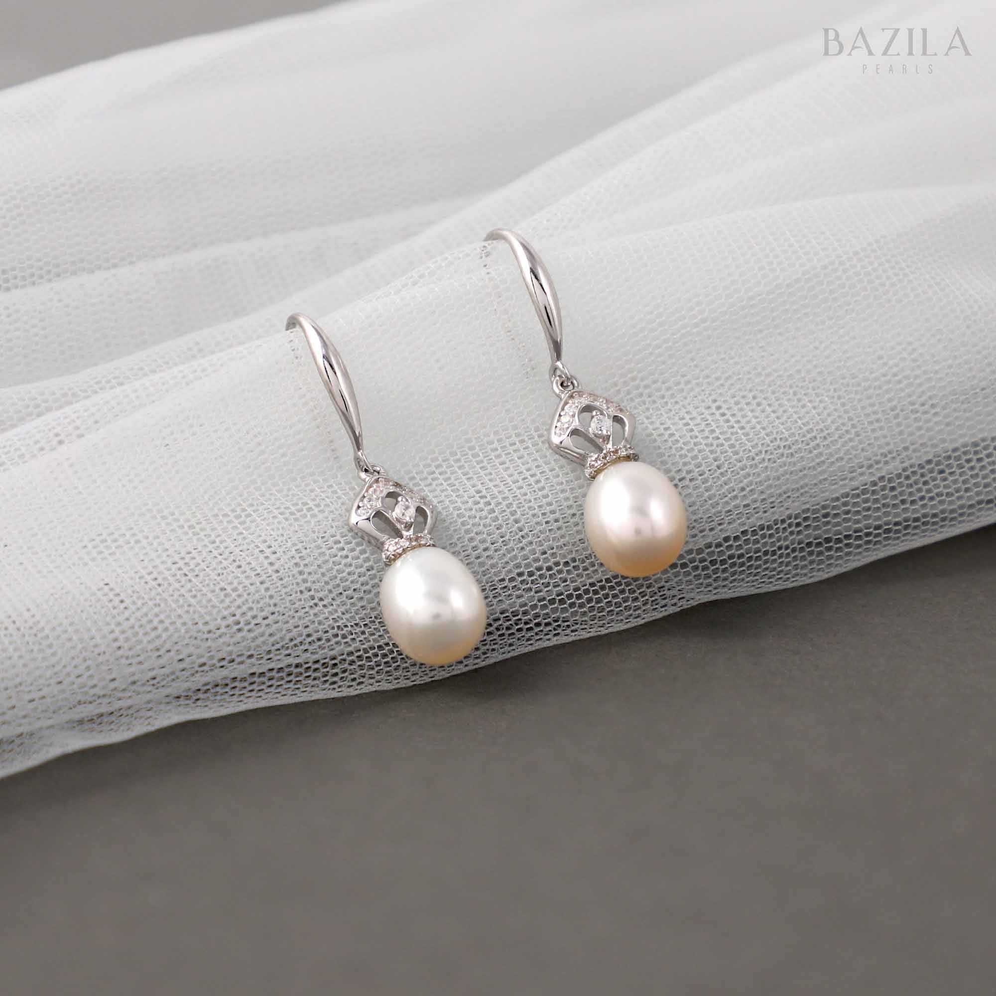 White Drop Pearl Earrings with Silver Crown Cap Detail