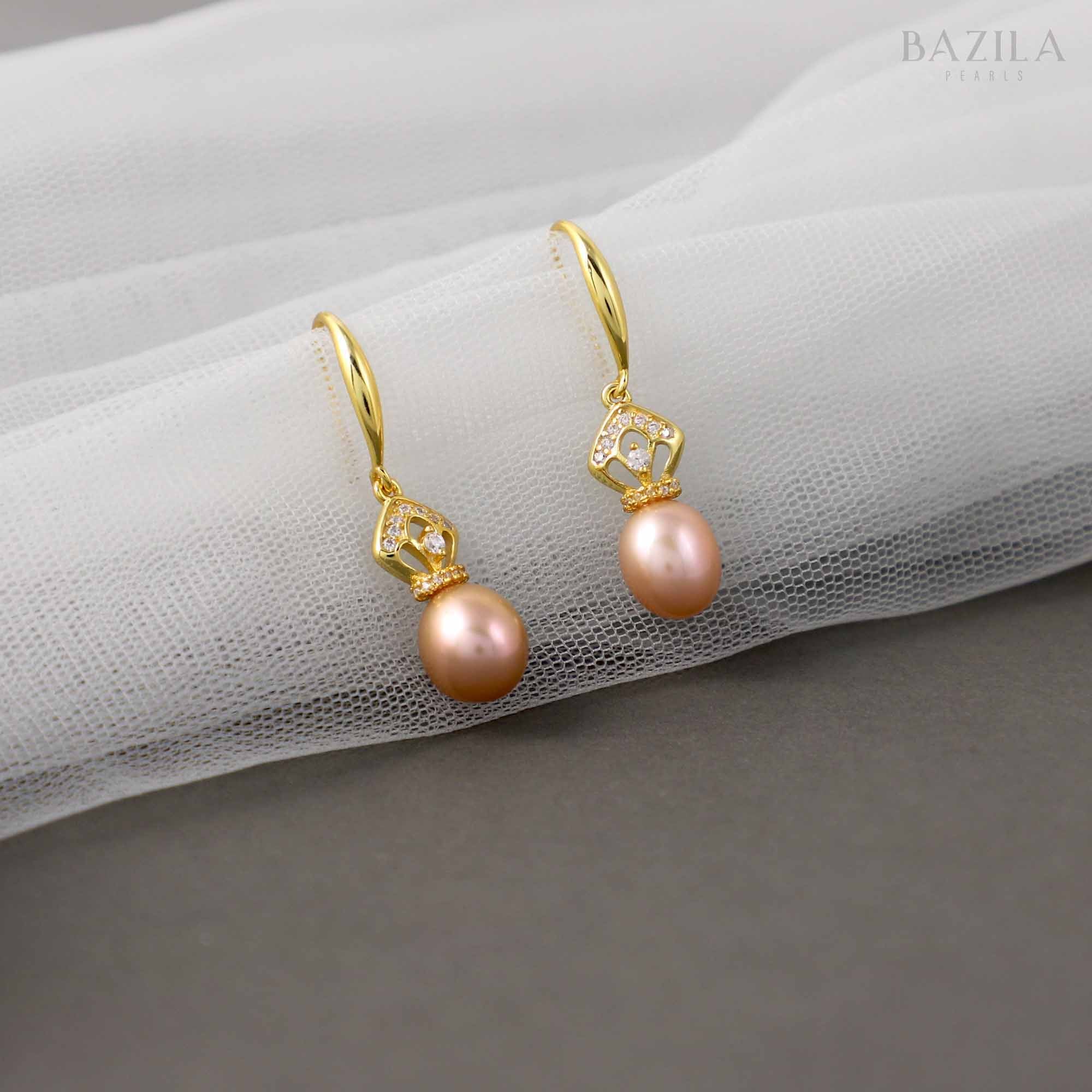 Pink Drop Pearl Earrings with Gold Crown Hook