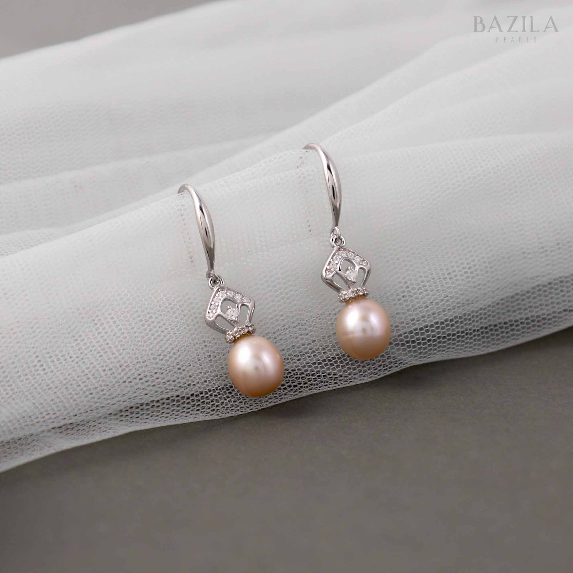 Pink Drop Pearl Earrings with Silver Crown Hook