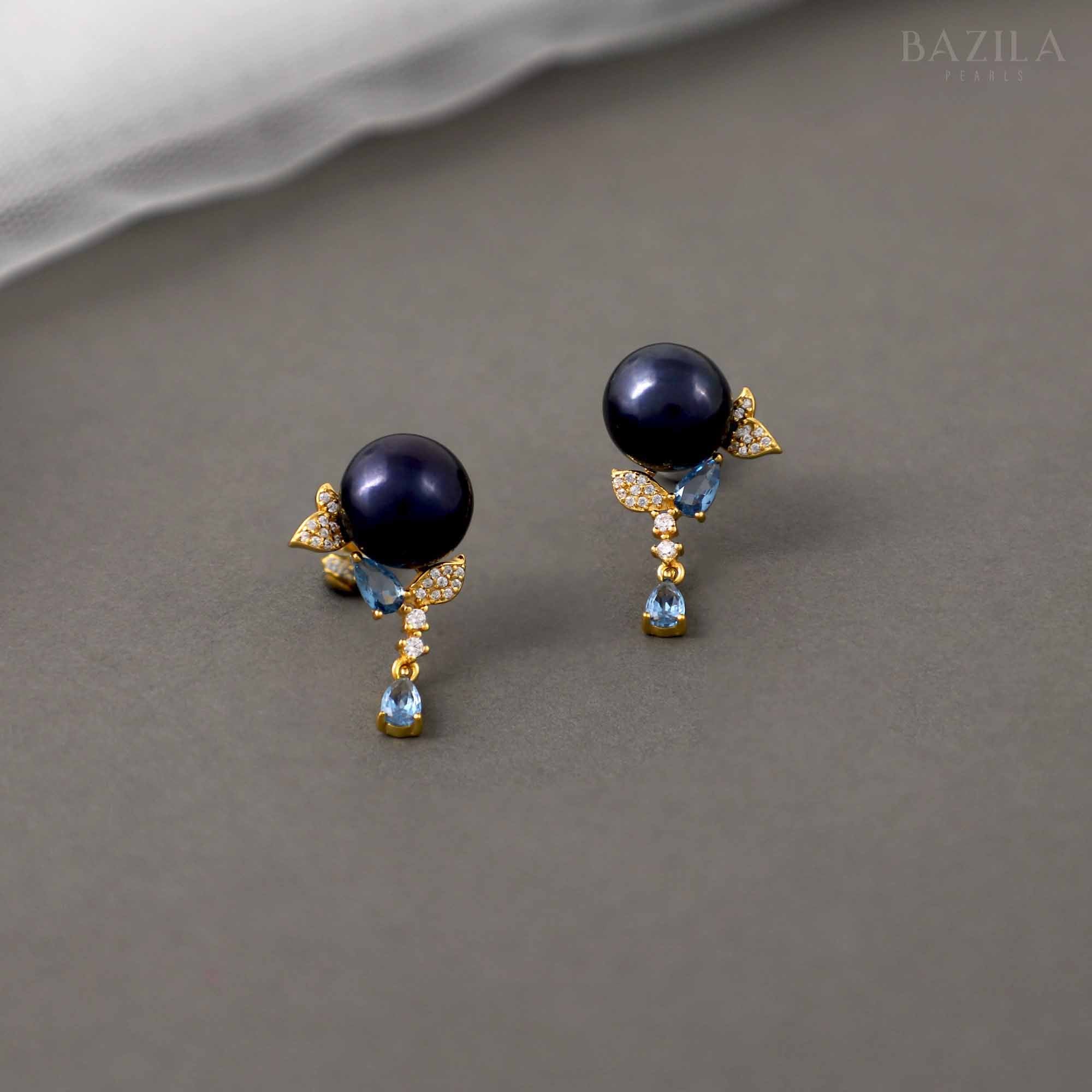 Black Pearl Stud Earrings with Blue Crystal Accents