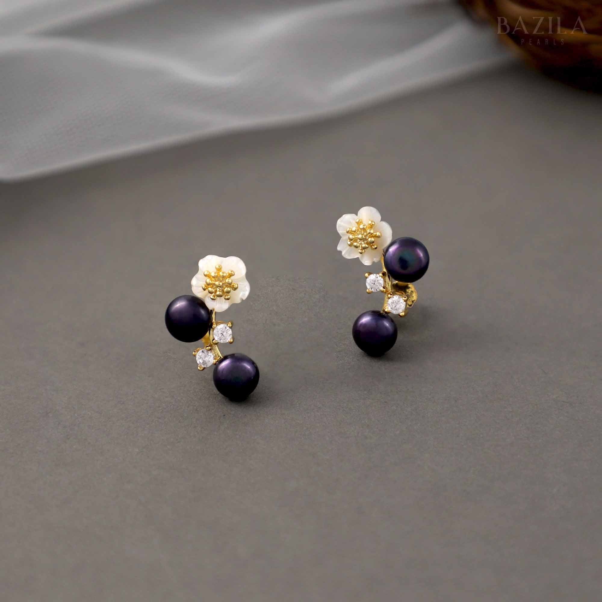 Black Pearl & Floral Stud Earrings with Gold Accents