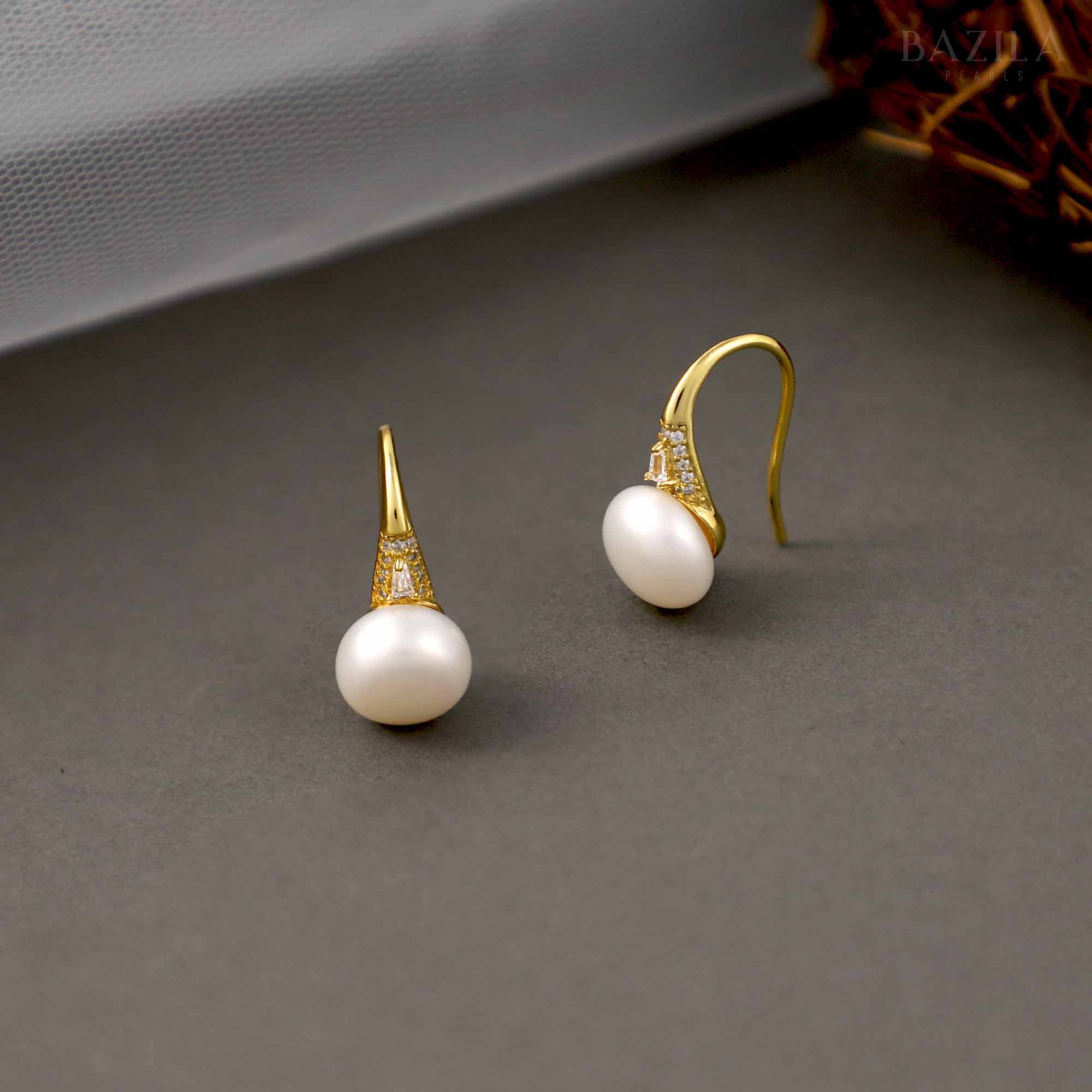 White Pearl Drop Earrings with Gold Hook & Zircon Detail