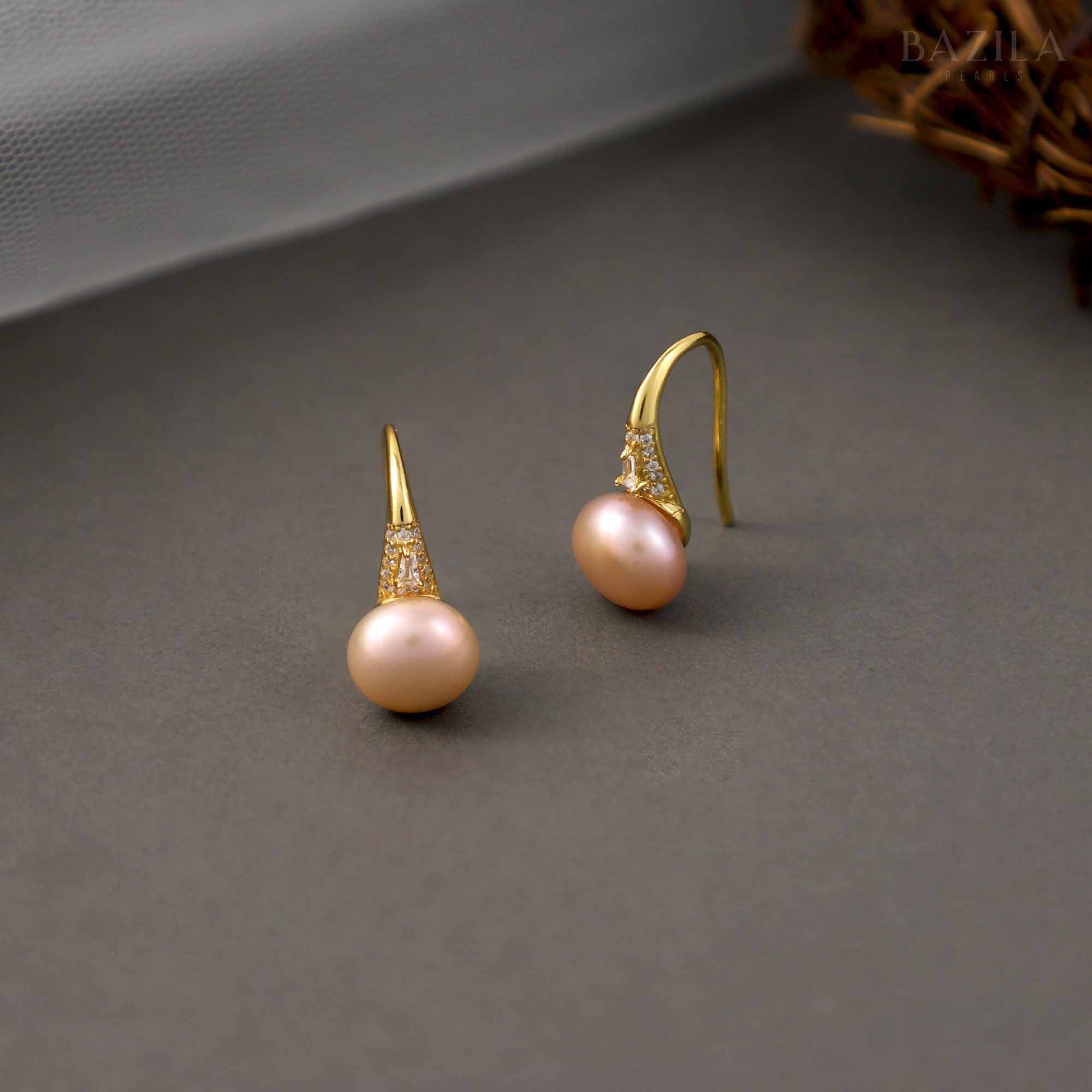 Pink Pearl Drop Earrings with Gold Hook & Zircon Sparkle