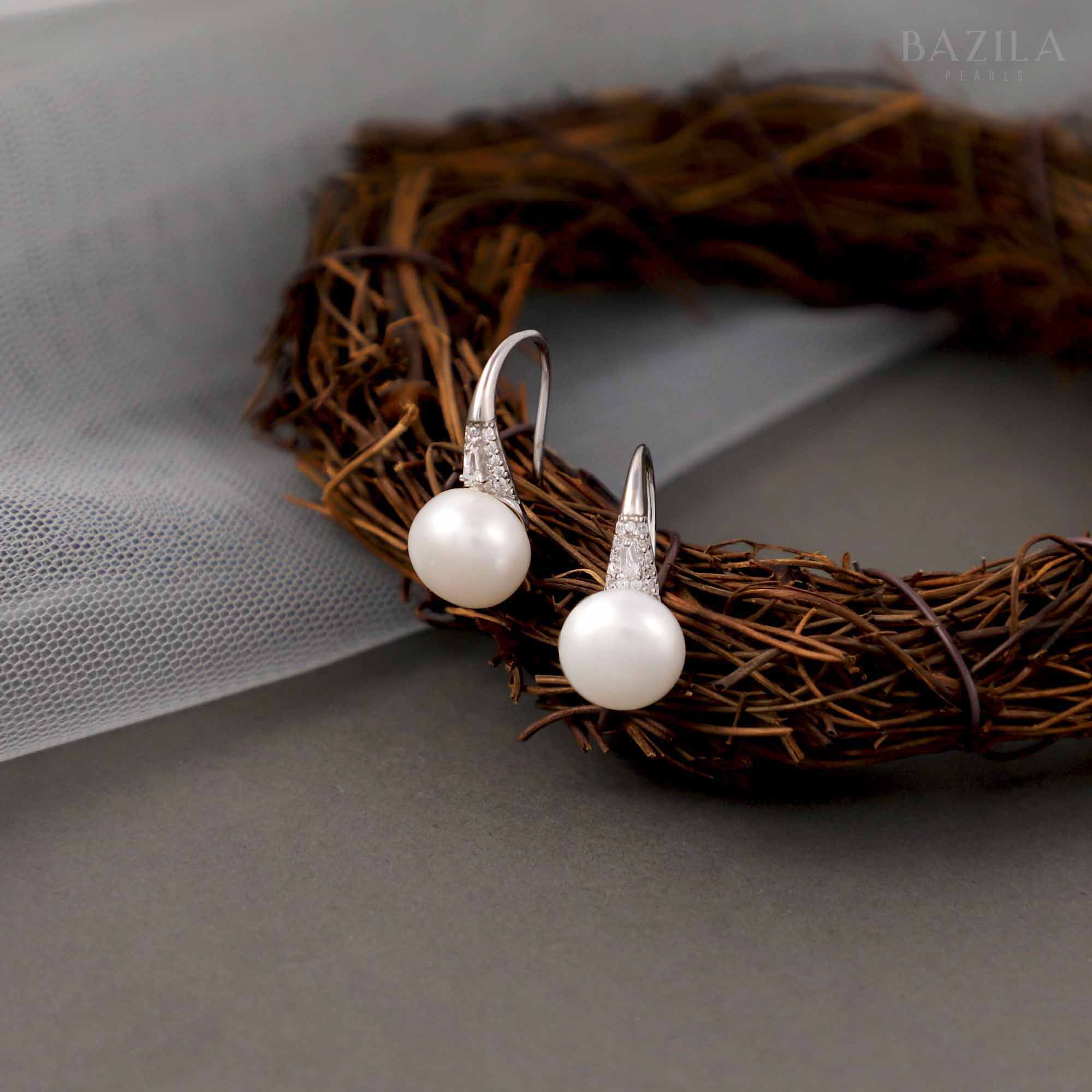 White Pearl Drop Earrings with Sterling Silver Hook & Zircon Accents