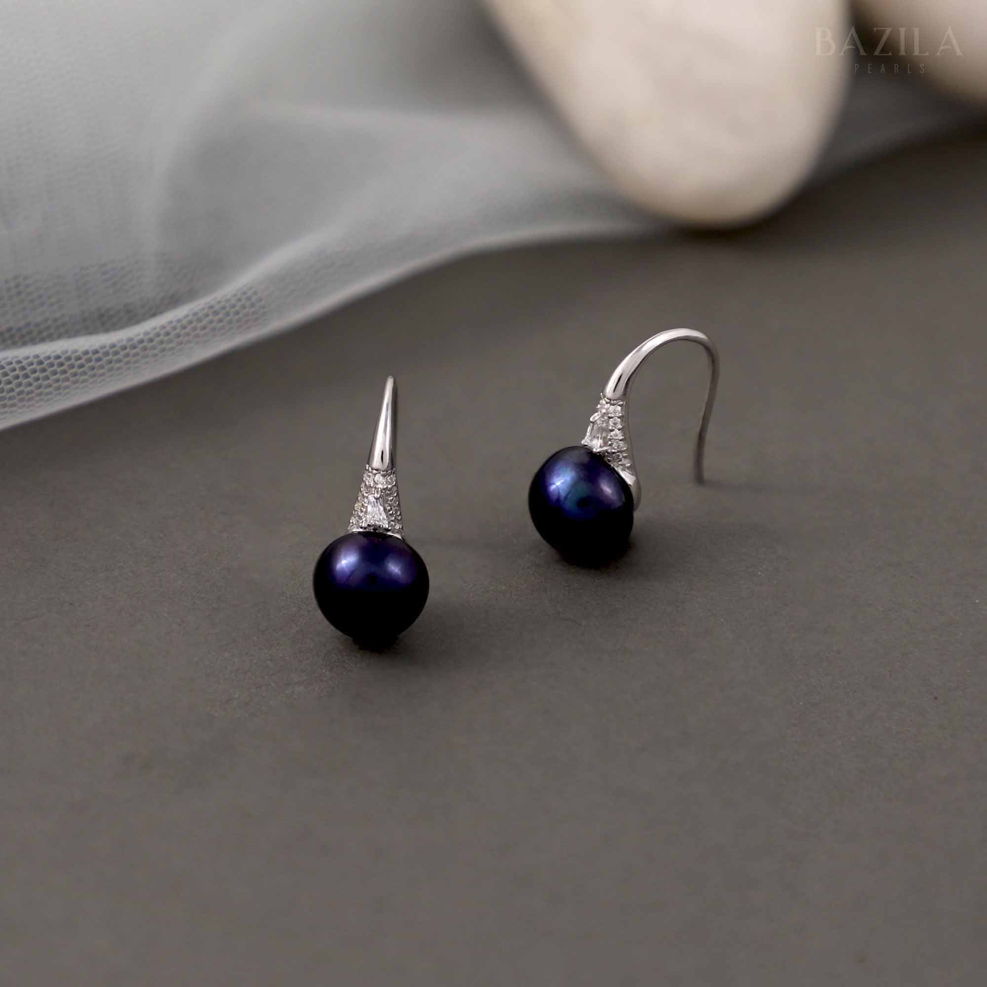 Black Pearl Drop Earrings with Sterling Silver Hooks & Zircon Accents