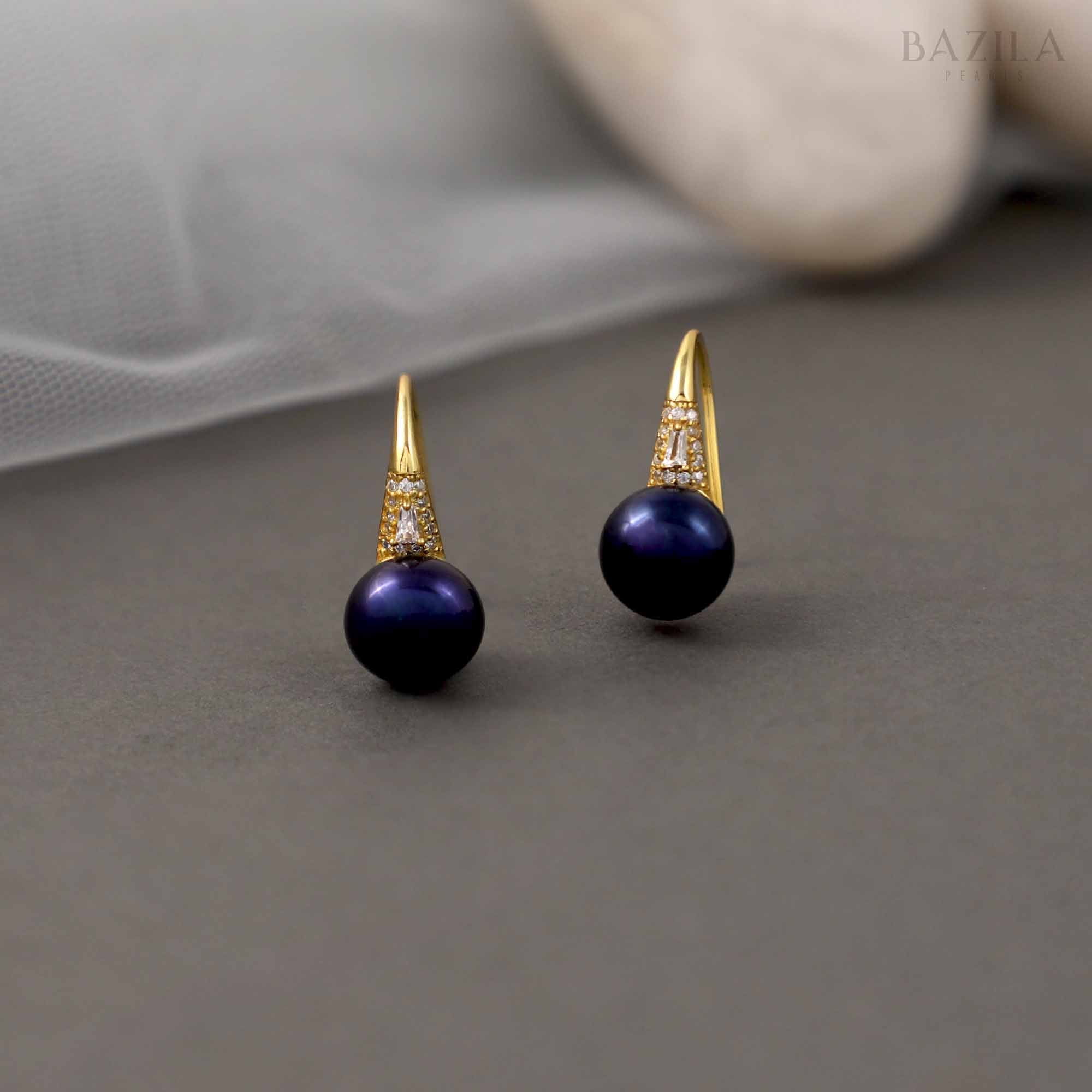 Black Pearl Drop Earrings with Gold-Plated Hooks & Zircon Detailing