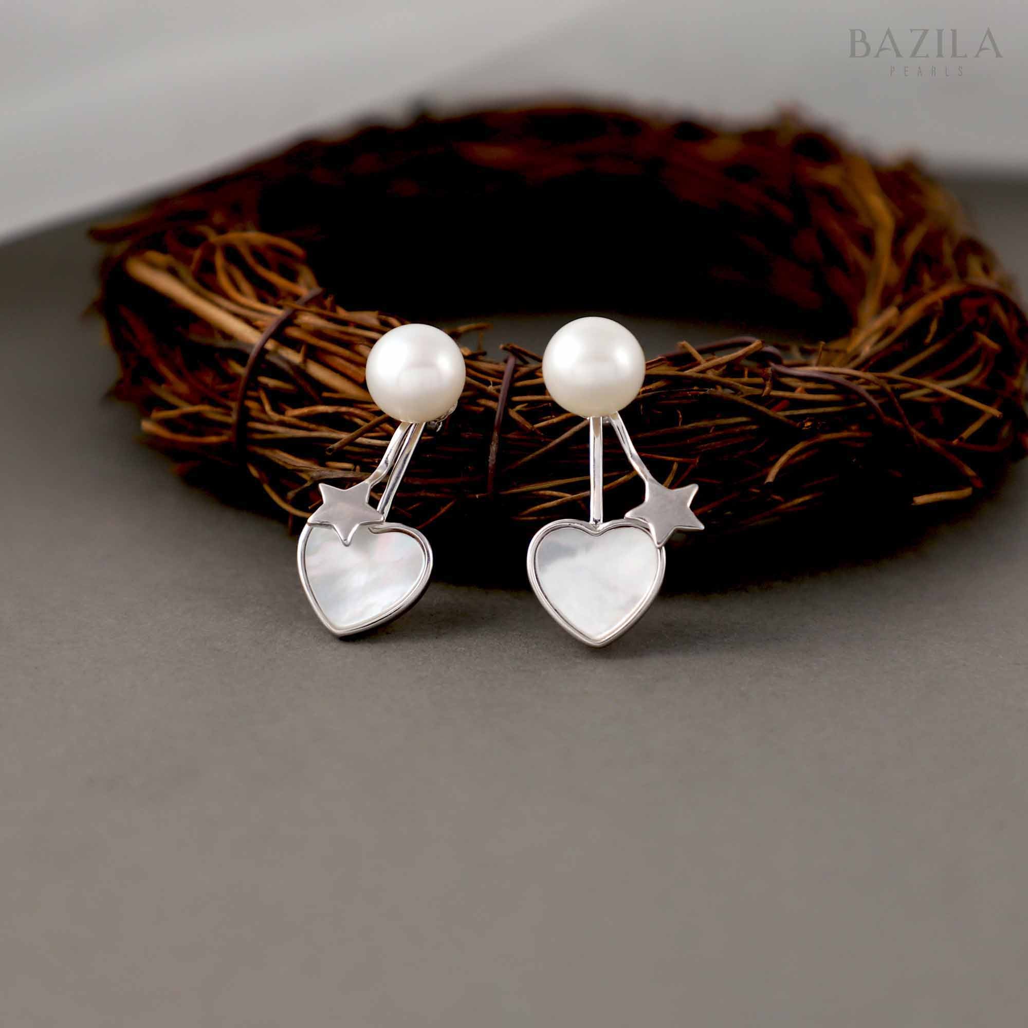 Starry Heart White Pearl Earrings in Silver