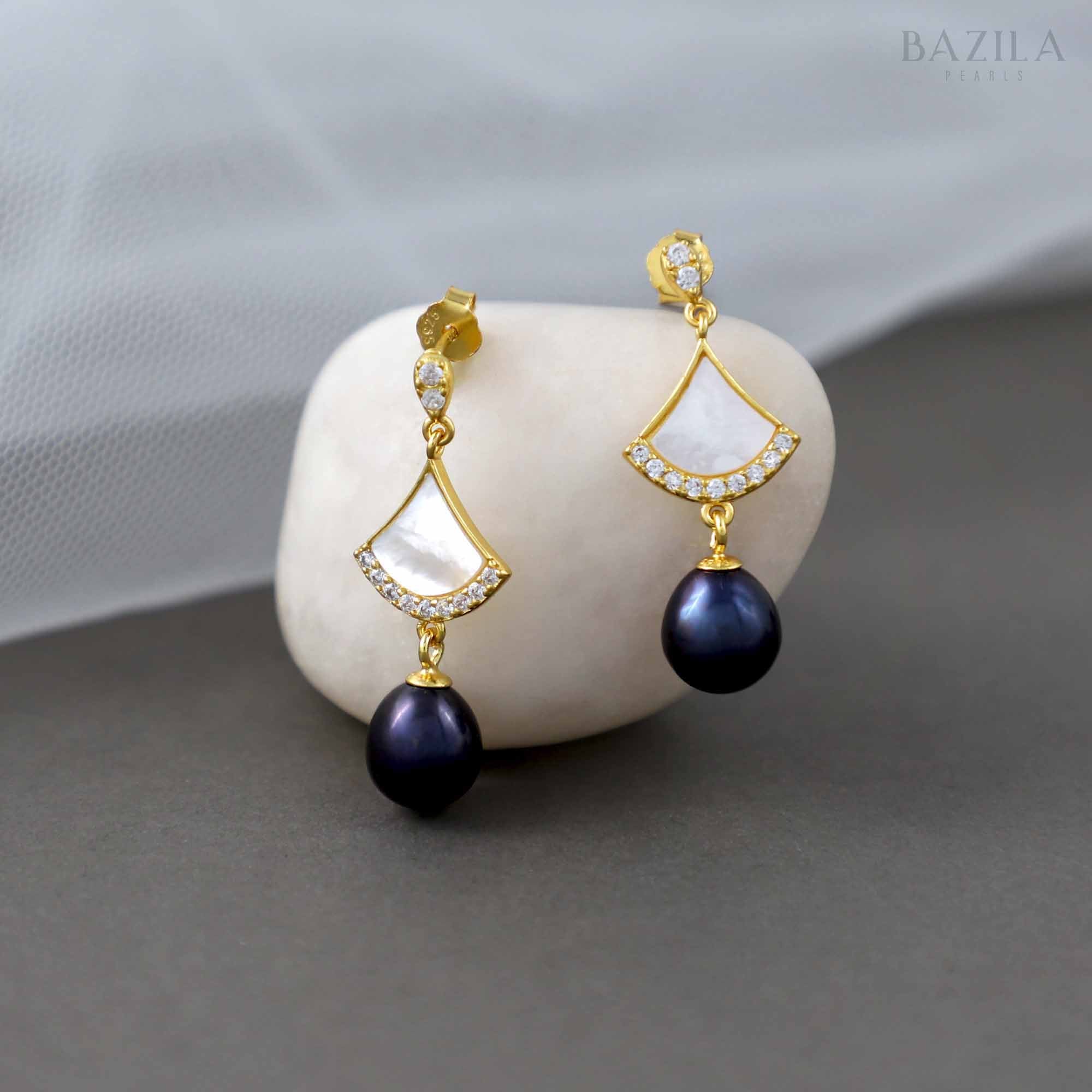 Black Pearl & Mother-of-Pearl Dangle Earrings with Gold Finish