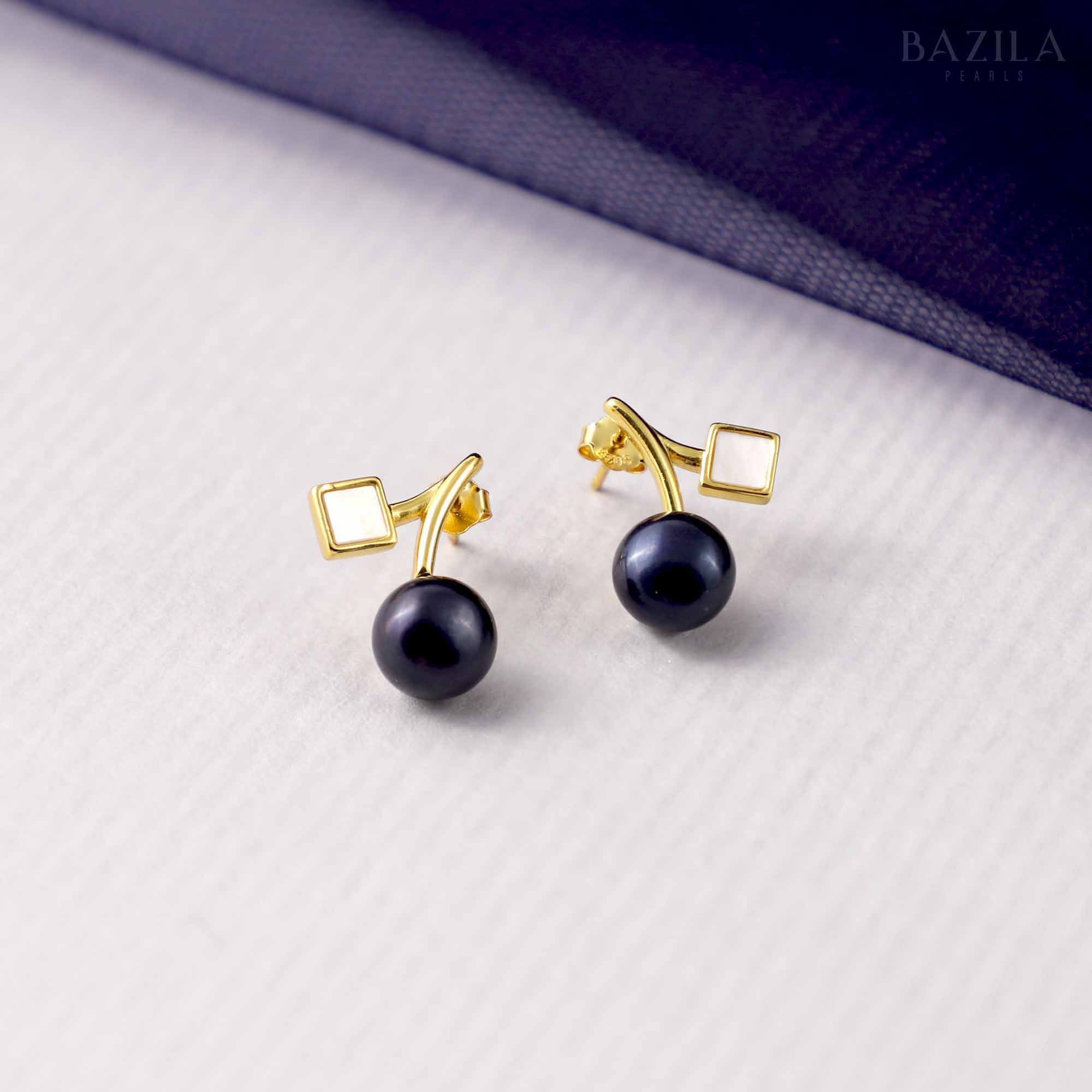 Minimalist Black Pearl Studs with Geometric Gold Detail