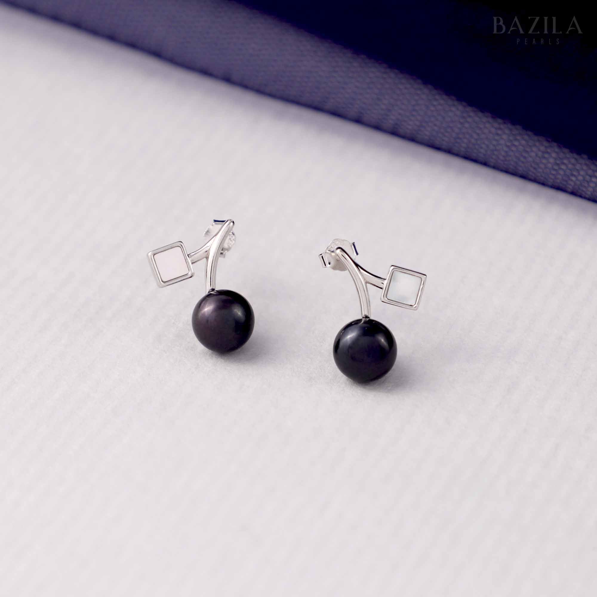 Contemporary Black Pearl Studs with Sleek Silver Frame