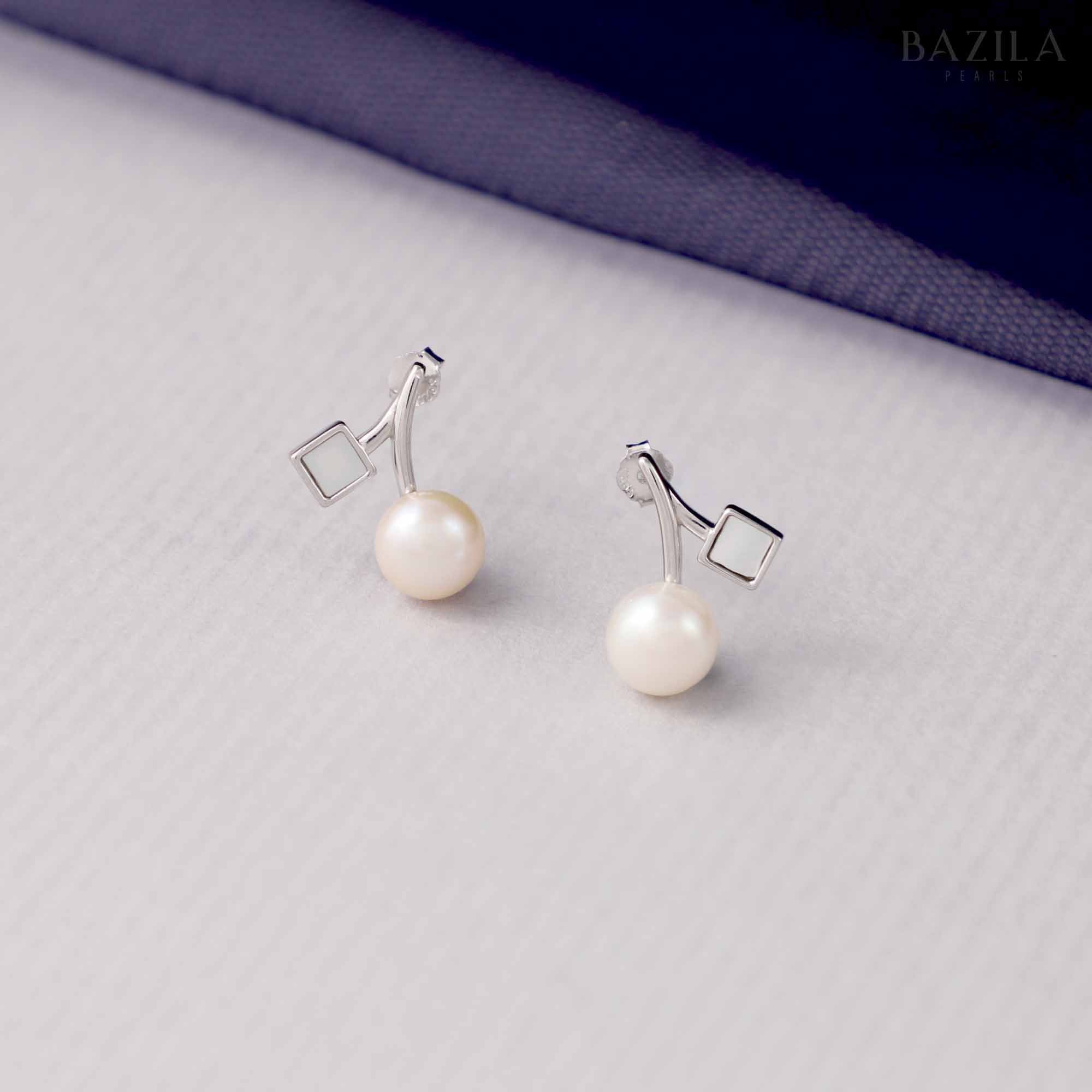 Minimalist White Pearl Studs with Silver Accents