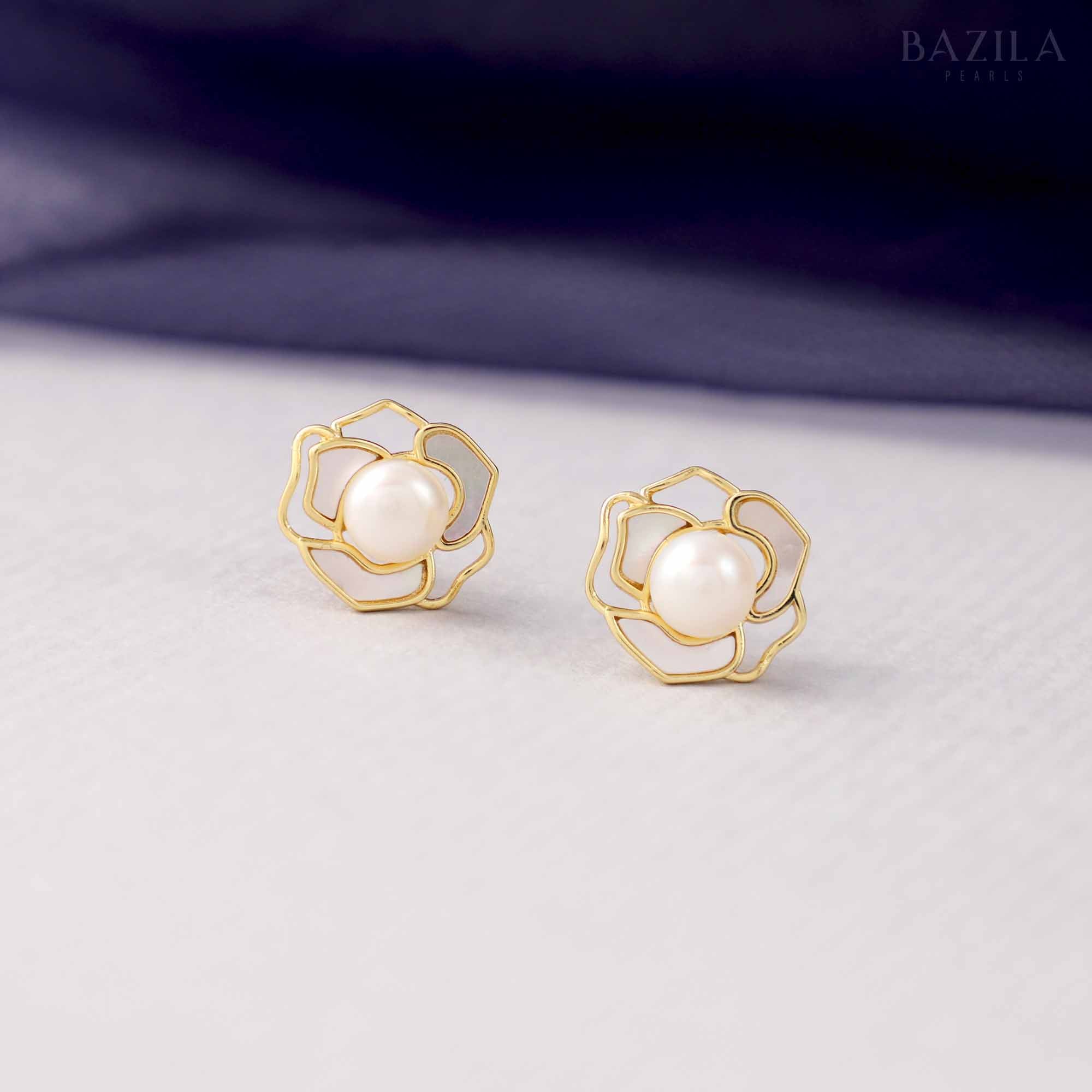 White Pearl Stud Earrings in Gold Floral Frame