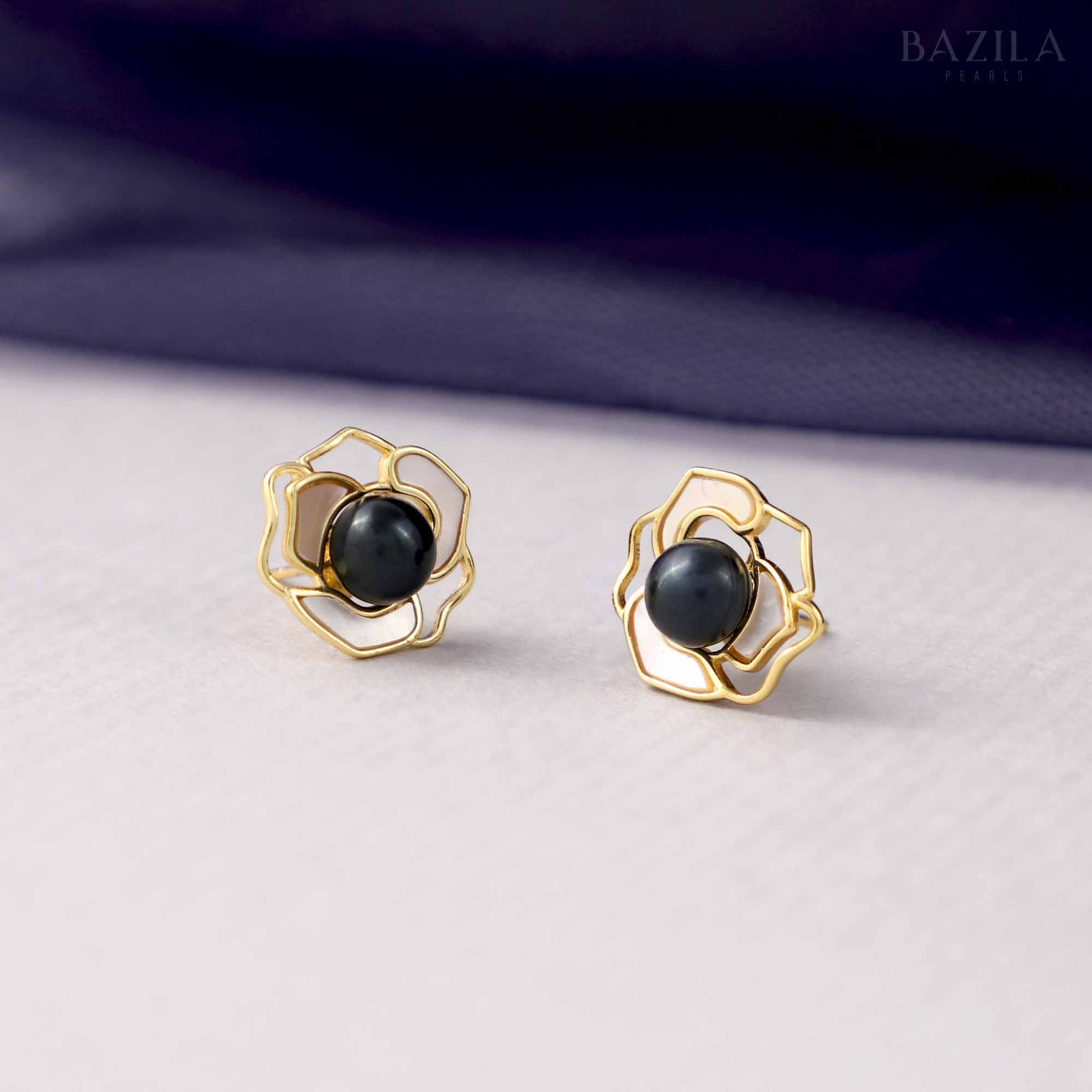 Black Pearl Stud Earrings in Gold Floral Frame