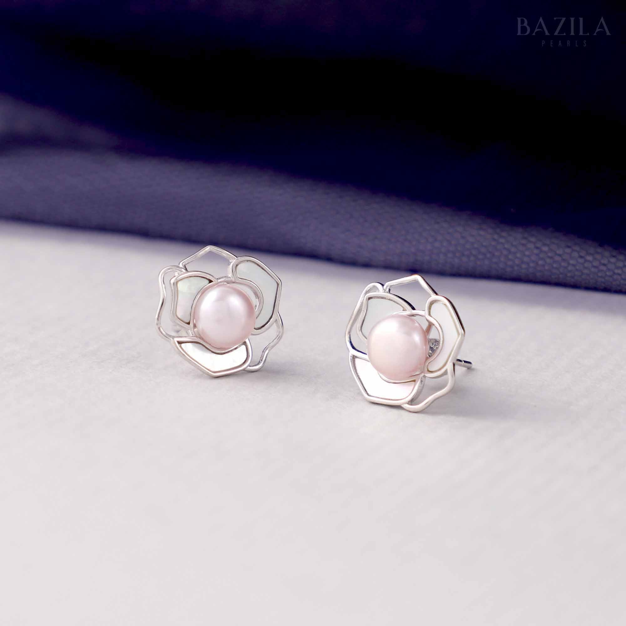 Pink Pearl Stud Earrings in Silver Floral Frame