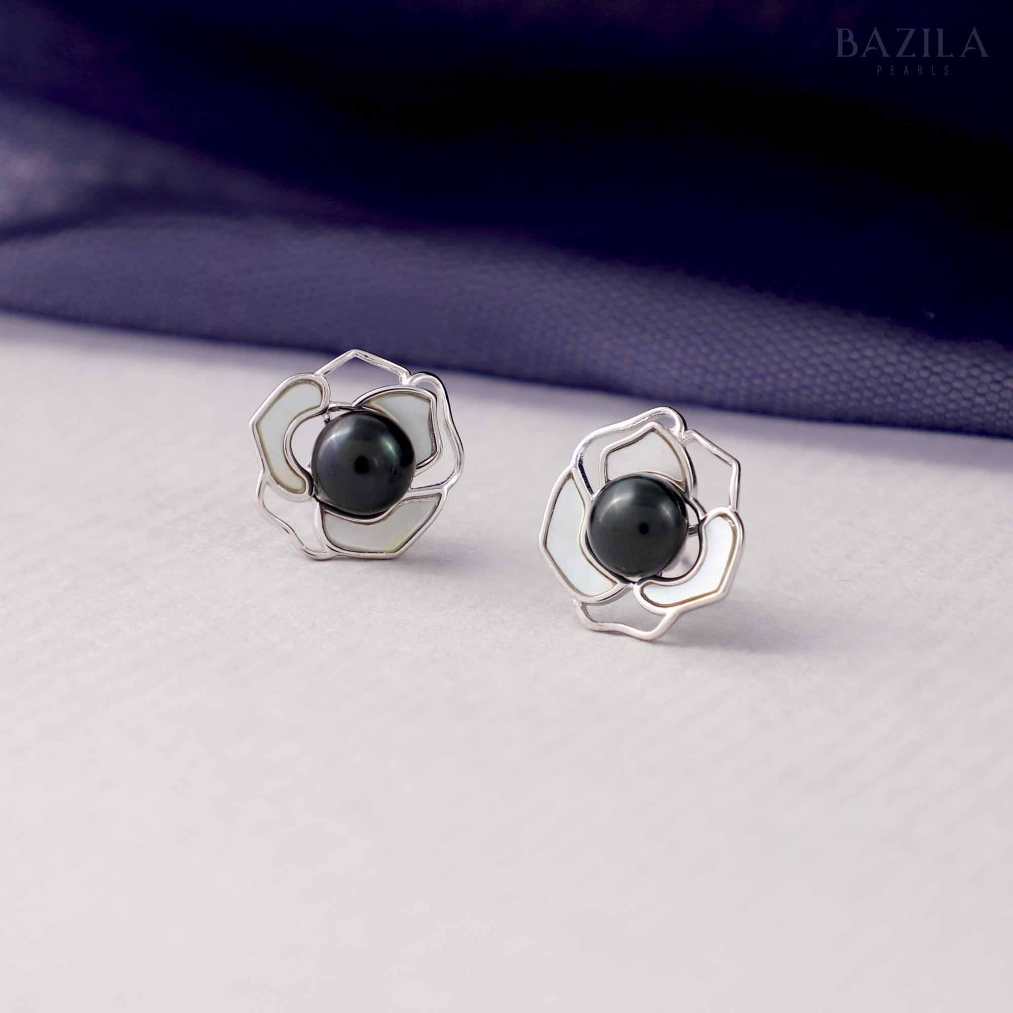 Black Pearl Stud Earrings with Silver Floral Frame
