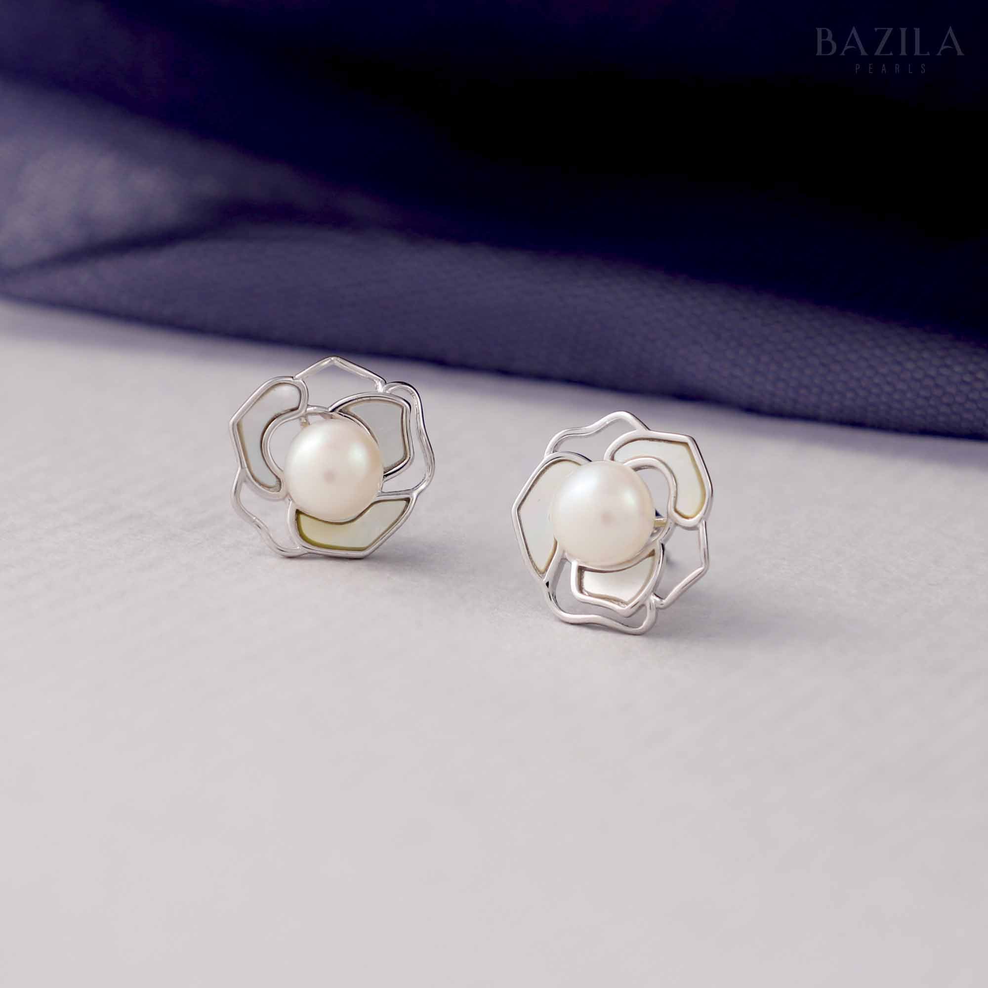 White Pearl Stud Earrings with Silver Floral Frame