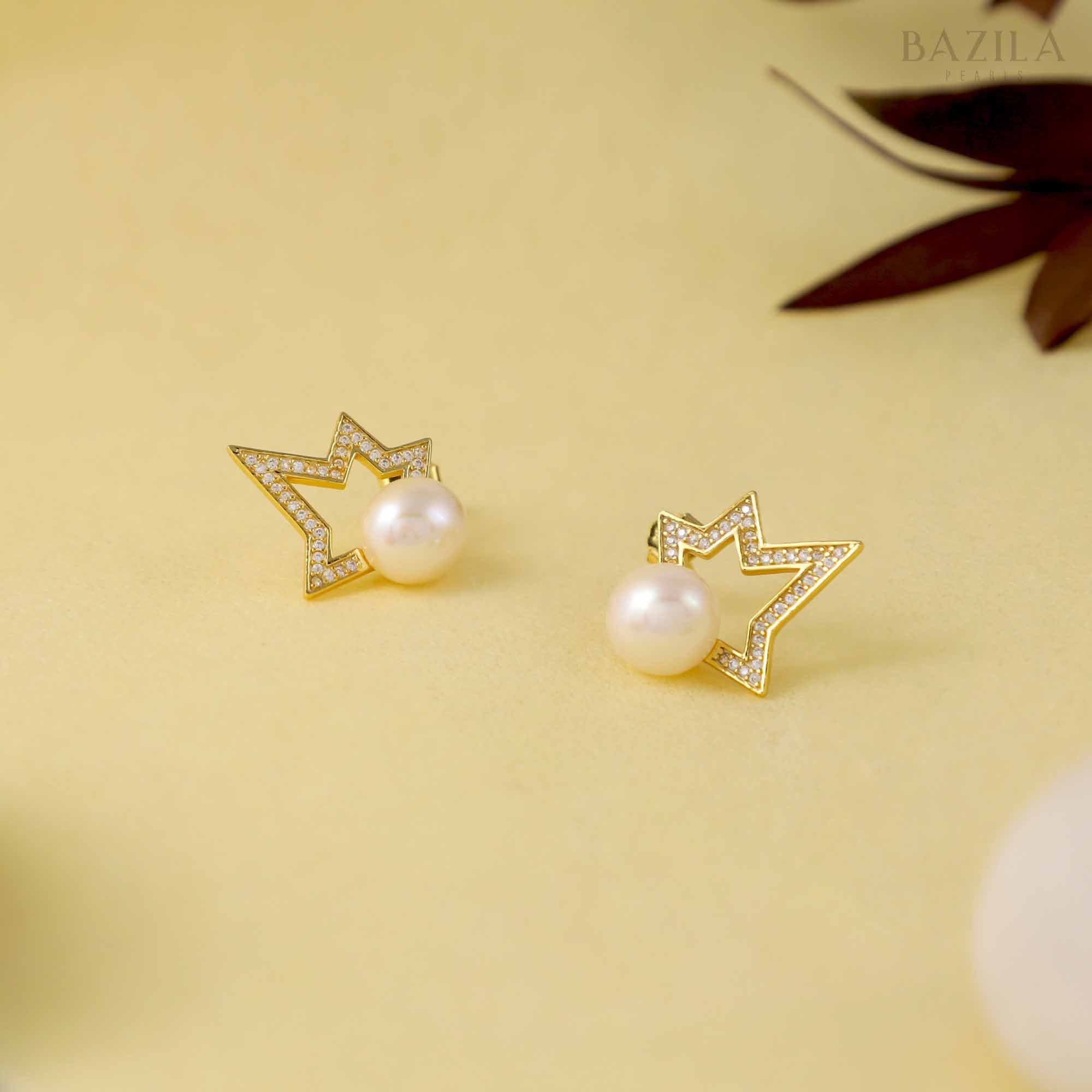 White Pearl Stud Earrings with Starry Gold Frame