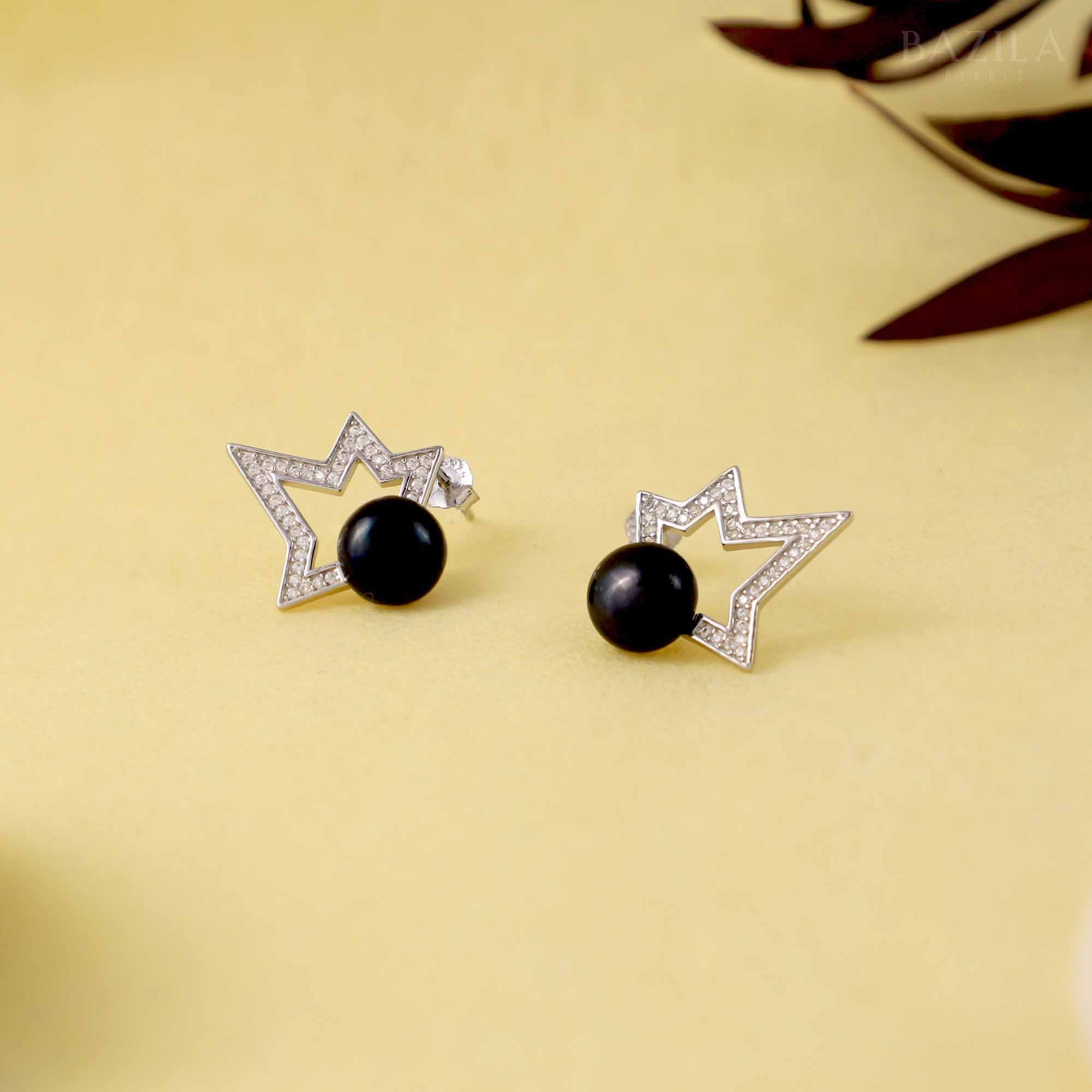 Black Pearl Stud Earrings with Silver Star Accent