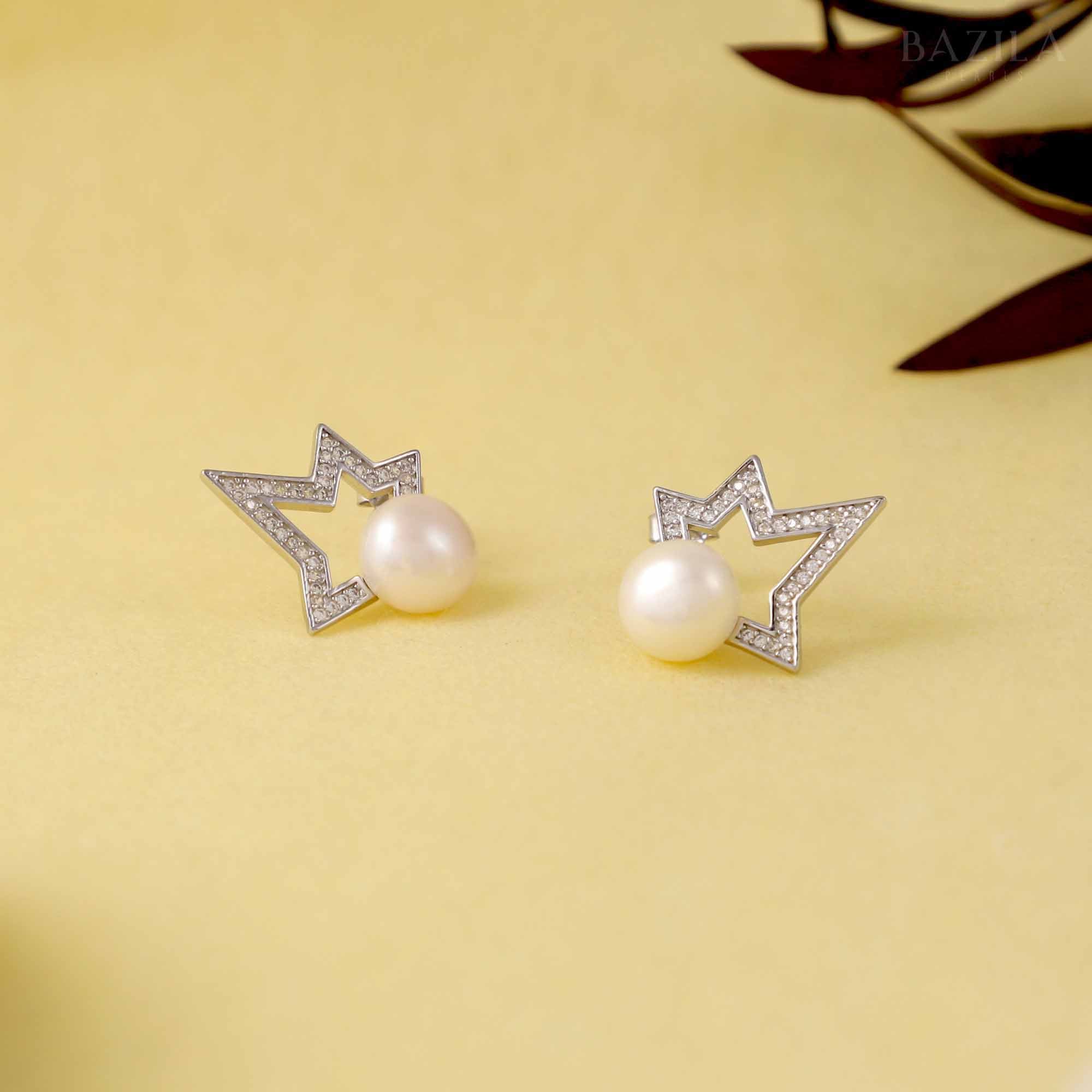 White Pearl Stud Earrings with Silver Star Frame