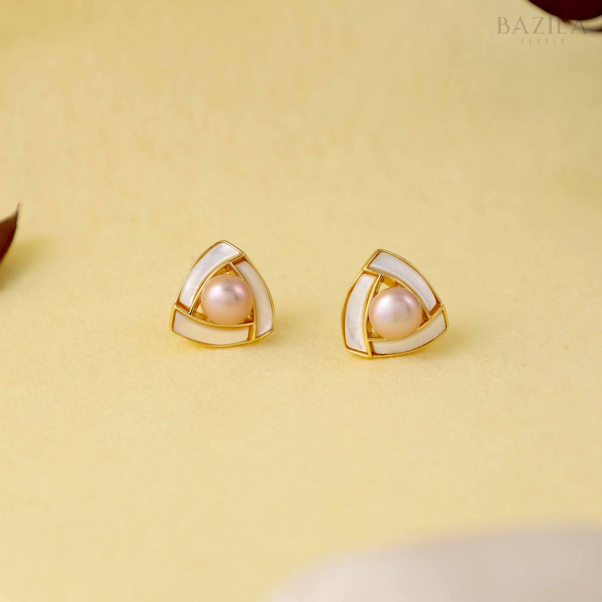 Pink Pearl Stud Earrings with Silver Geometric Frame