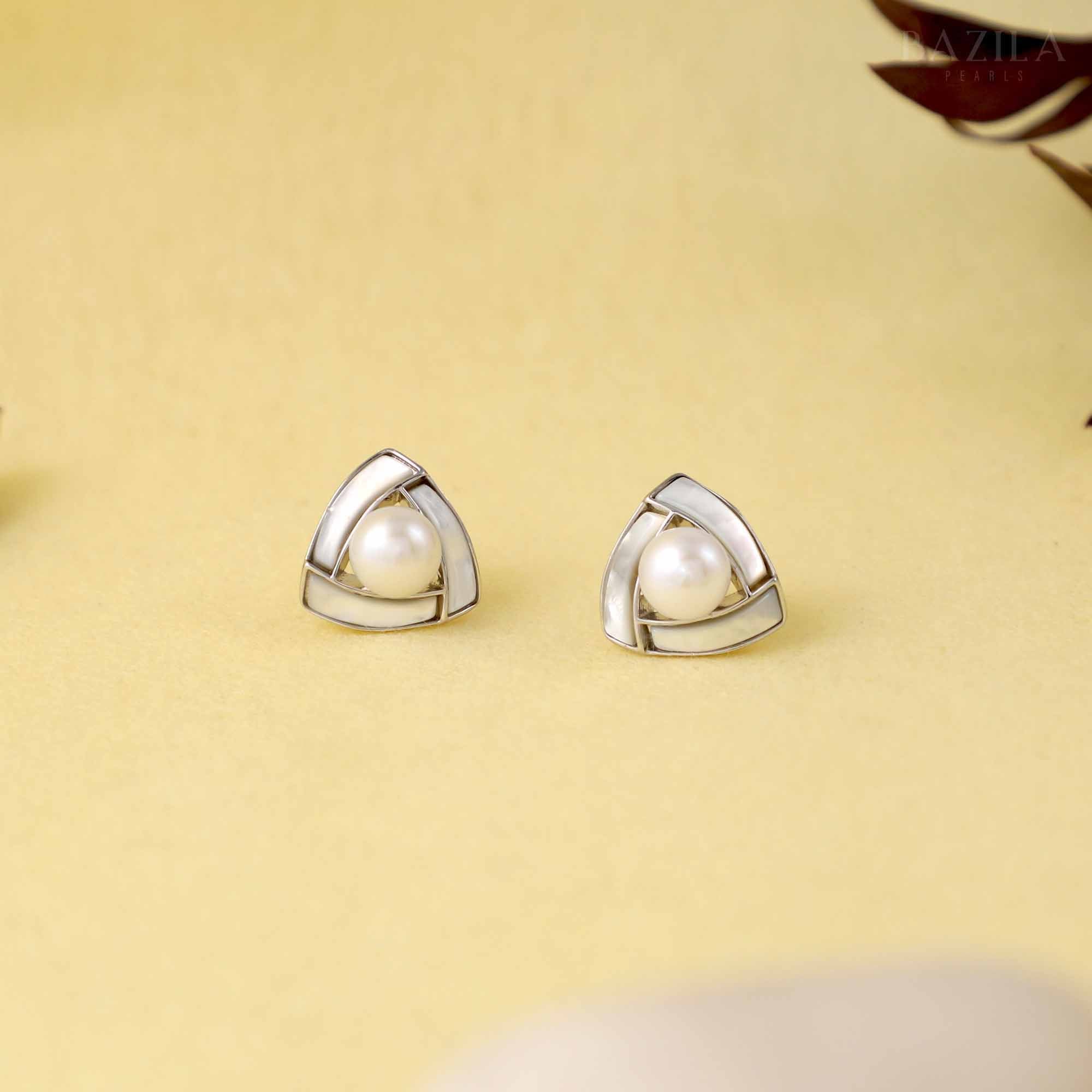 White Pearl Stud Earrings with Silver Geometric Frame
