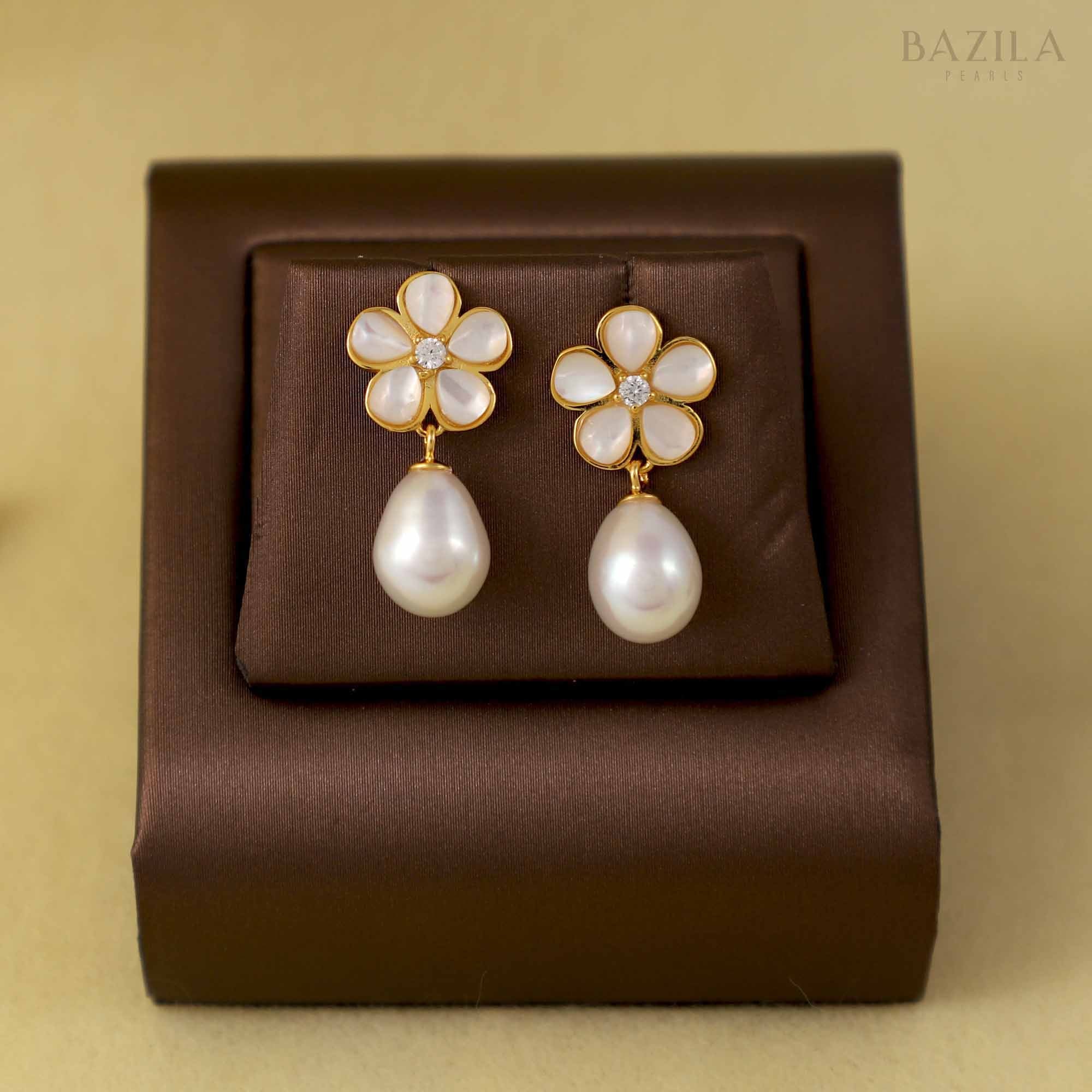White Pearl Earrings with Golden Floral Tops