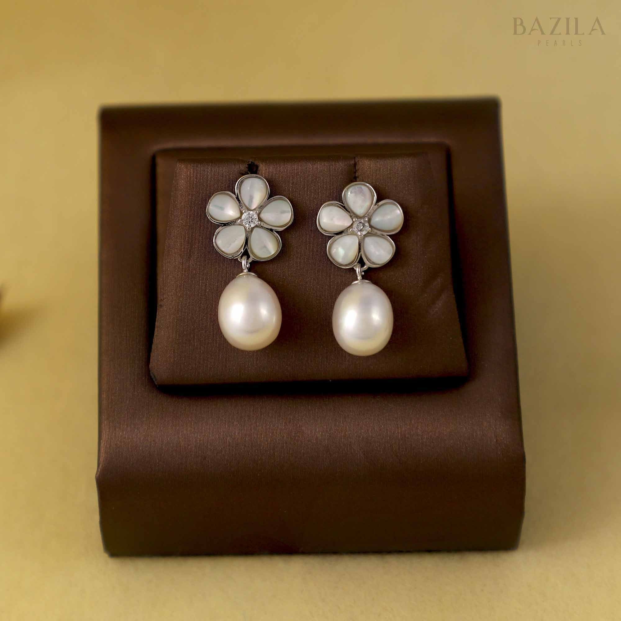 White Pearl Earrings with Silver Floral Tops