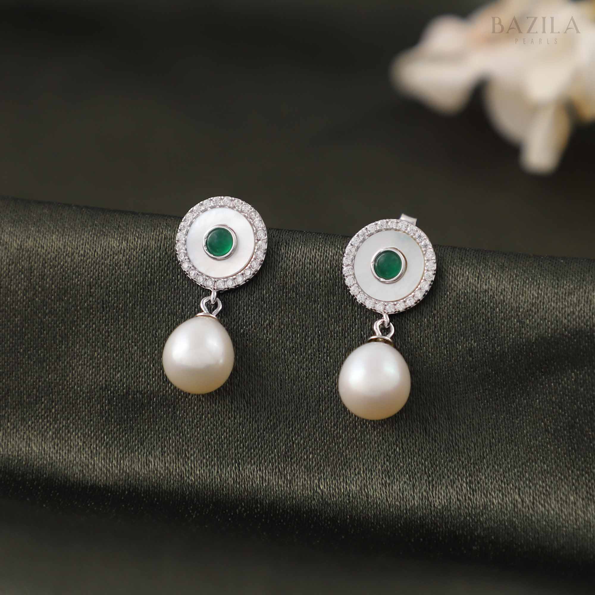 White Pearl Drop Earrings with Emerald Accent & Silver Halo Top