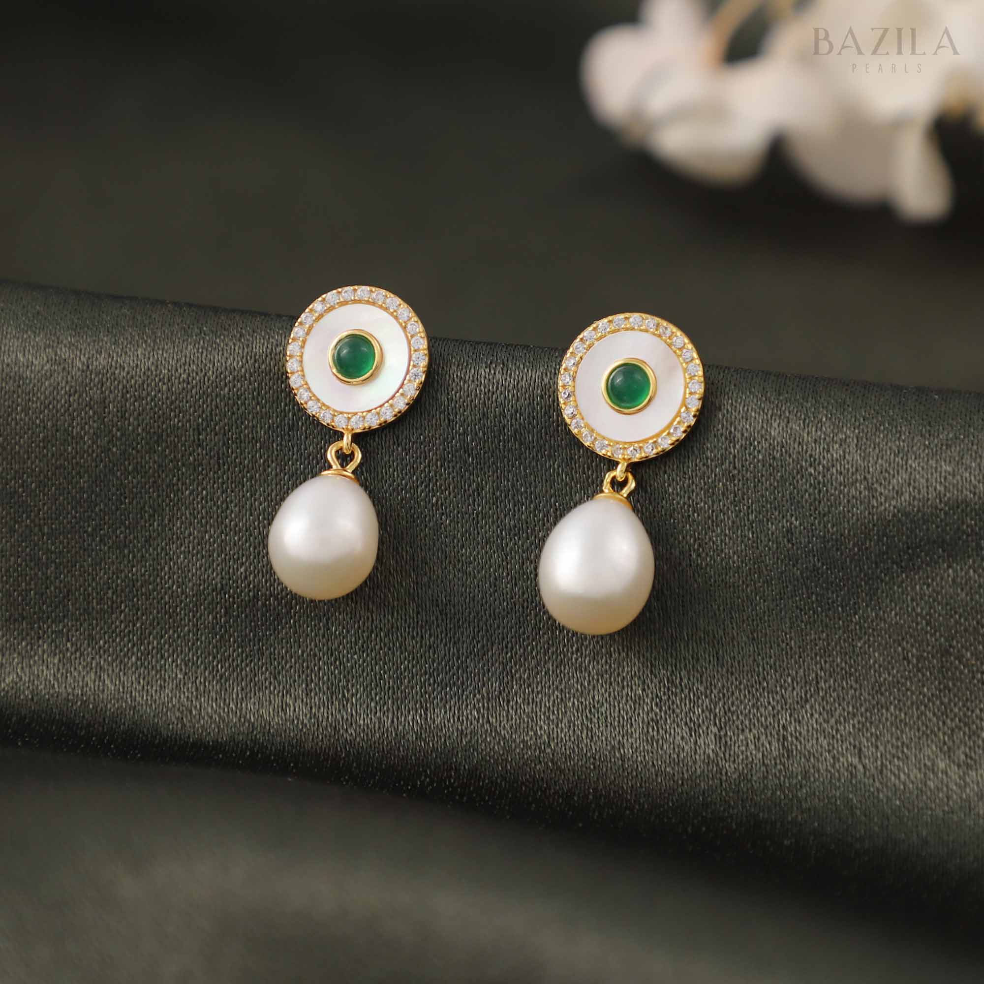 White Pearl Drop Earrings with Gold-Toned Halo Top