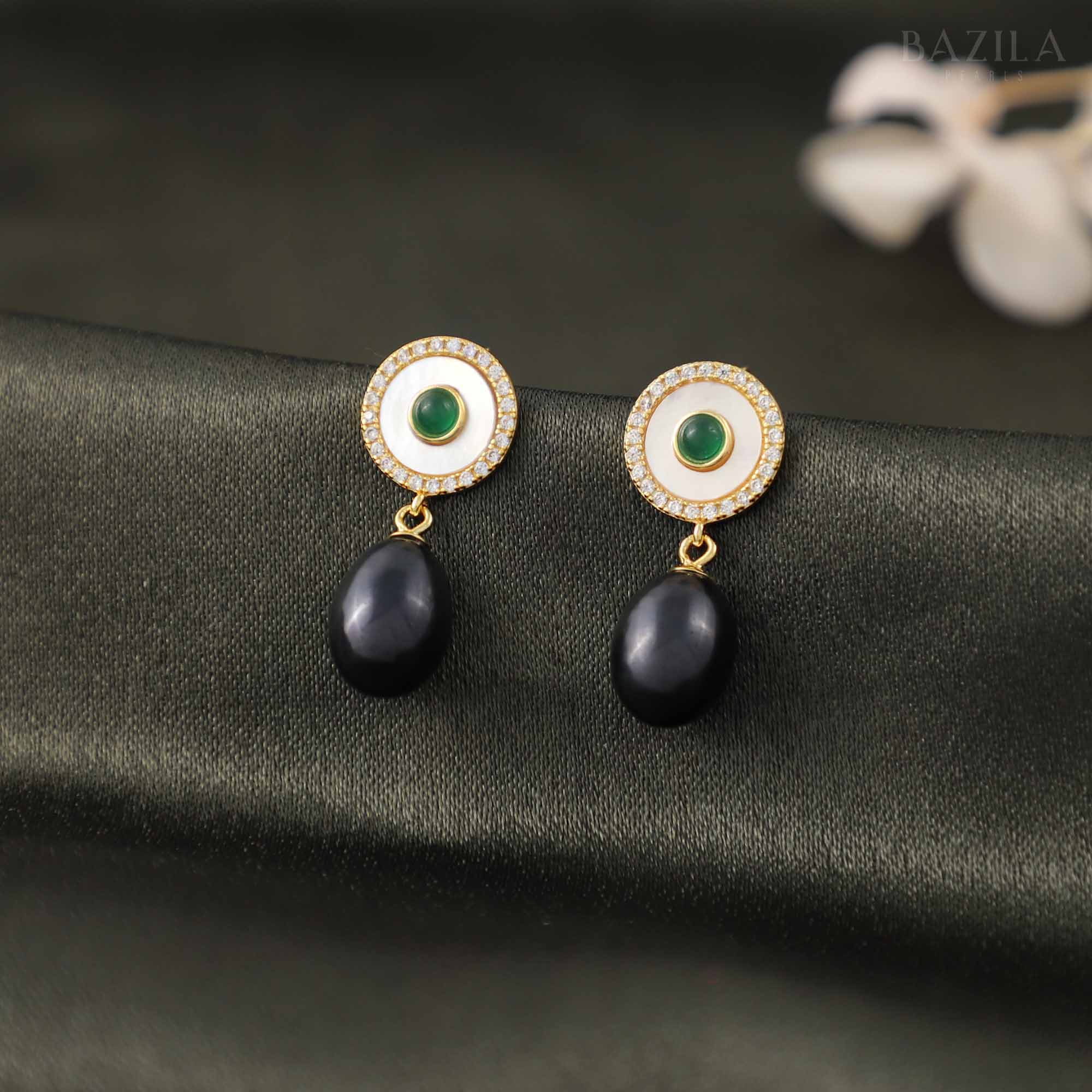 Black Pearl Drop Earrings with Gold-Toned Halo Top