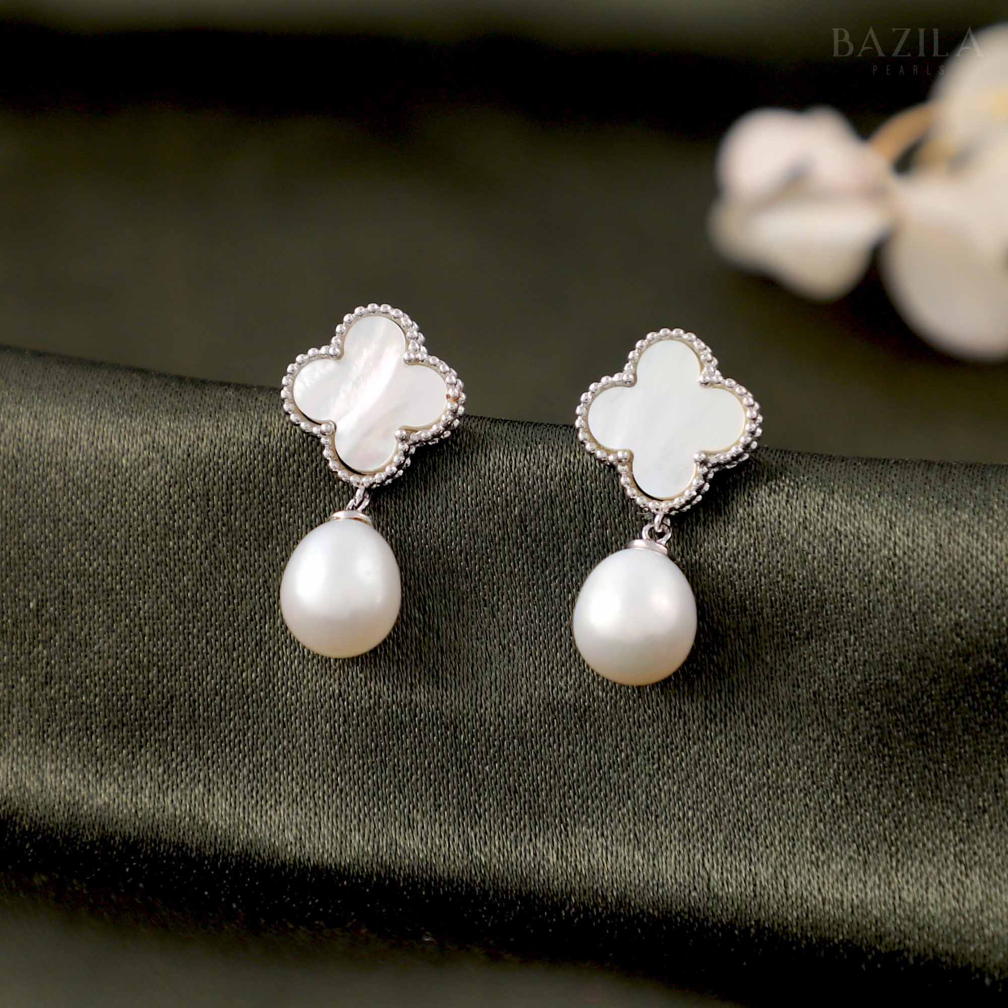 Polished Simplicity: White Pearl Drops with Clean Silver Lines