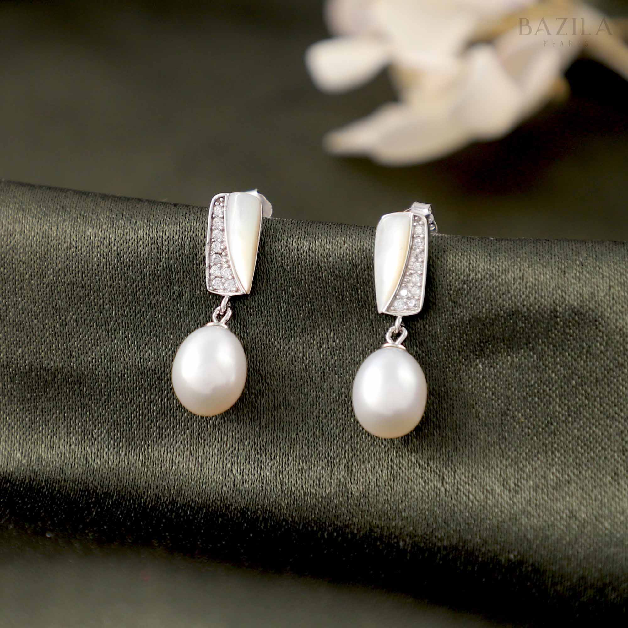 Radiant Grace Drop Earrings with White Pearls & Mother-of-Pearl Top