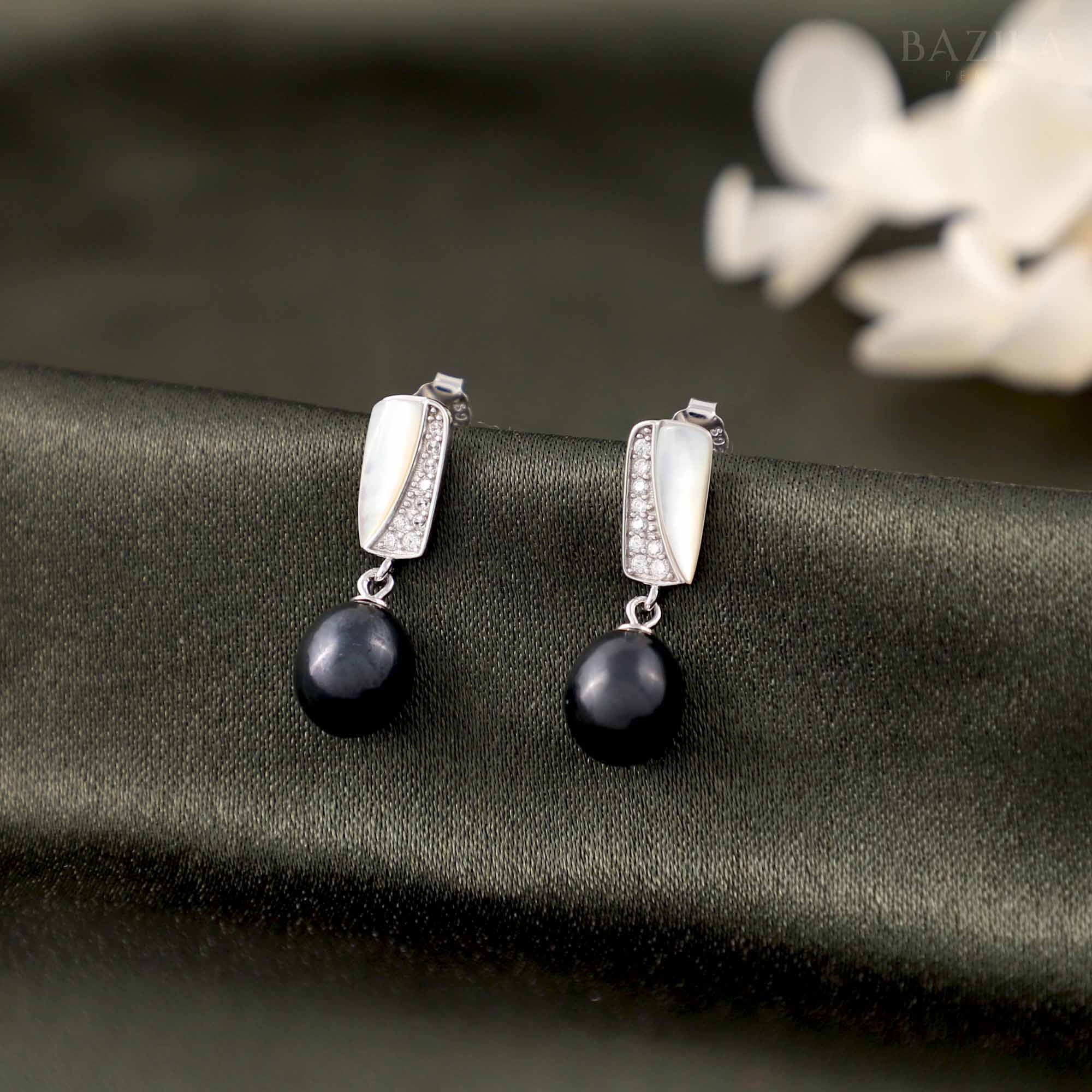 Elegant Drop Earrings with Black Pearls & Silver Accents