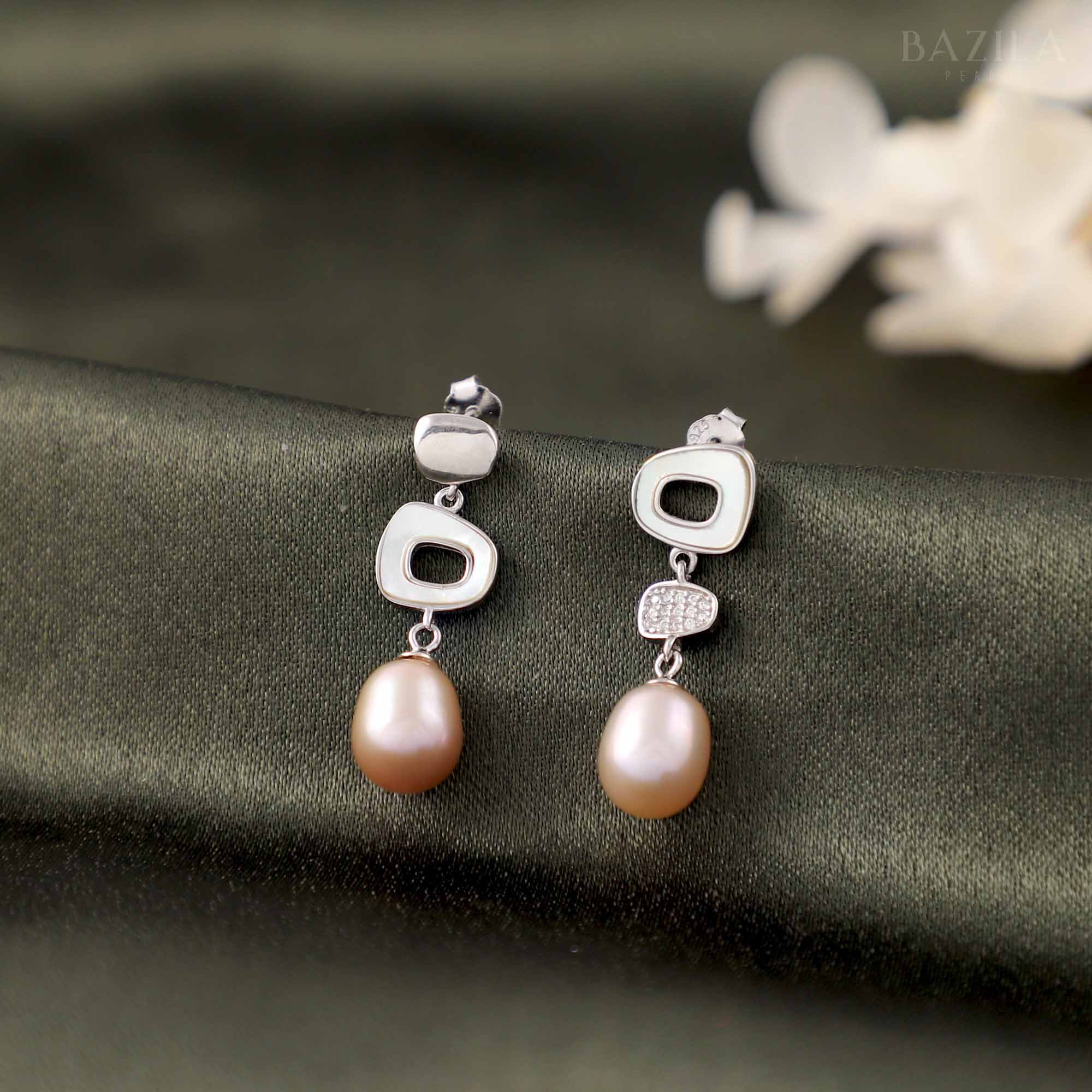 Lustrous Grace Drop Pearl Earrings - 8-9mm - Pink White