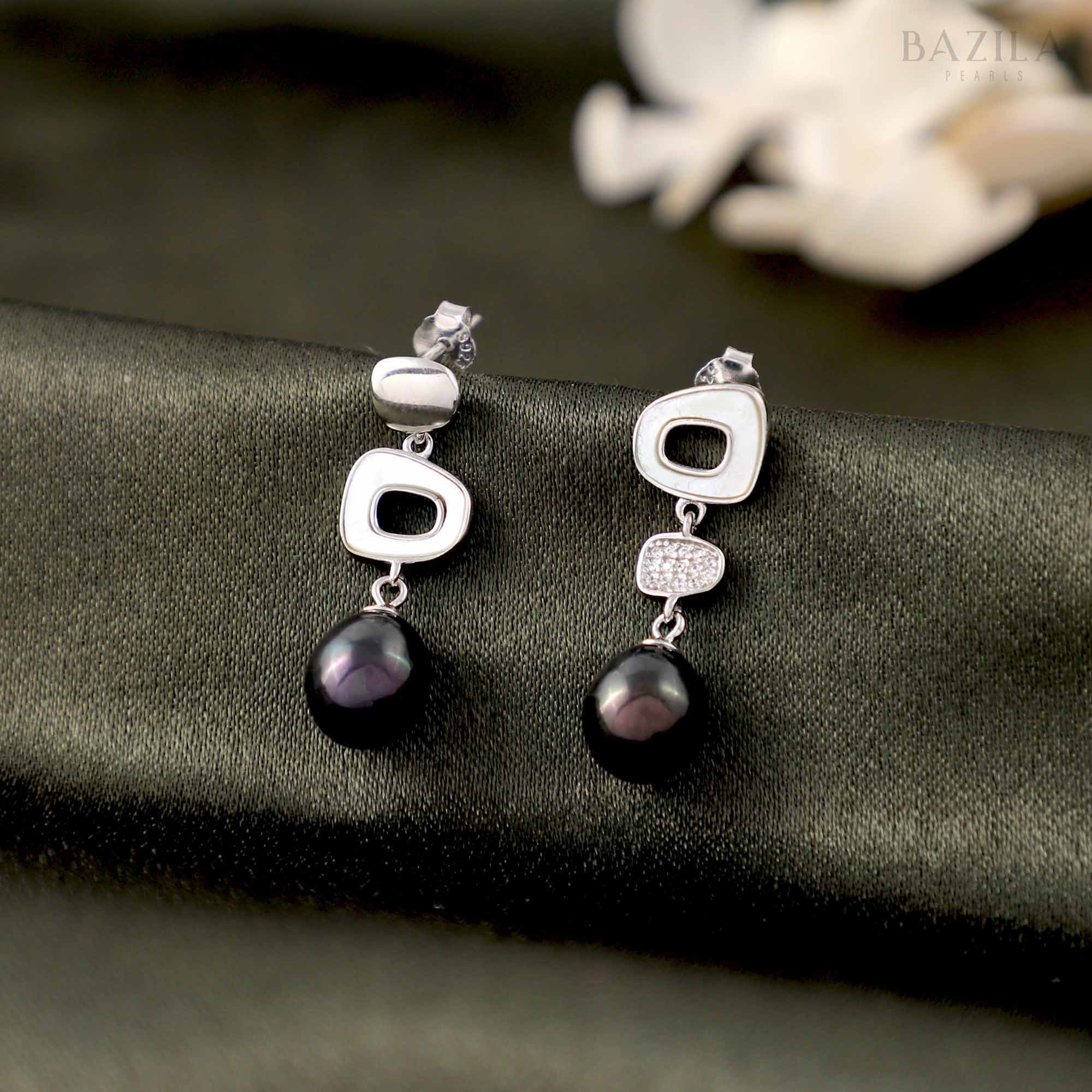 Lustrous Grace Drop Pearl Earrings - 8-9mm - Black & White