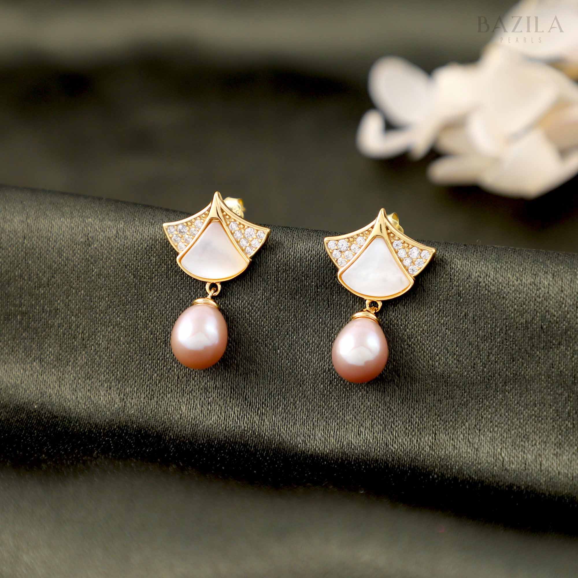 Timeless Radiance Drop Pearl Earrings - 8-9mm - Gold Pink