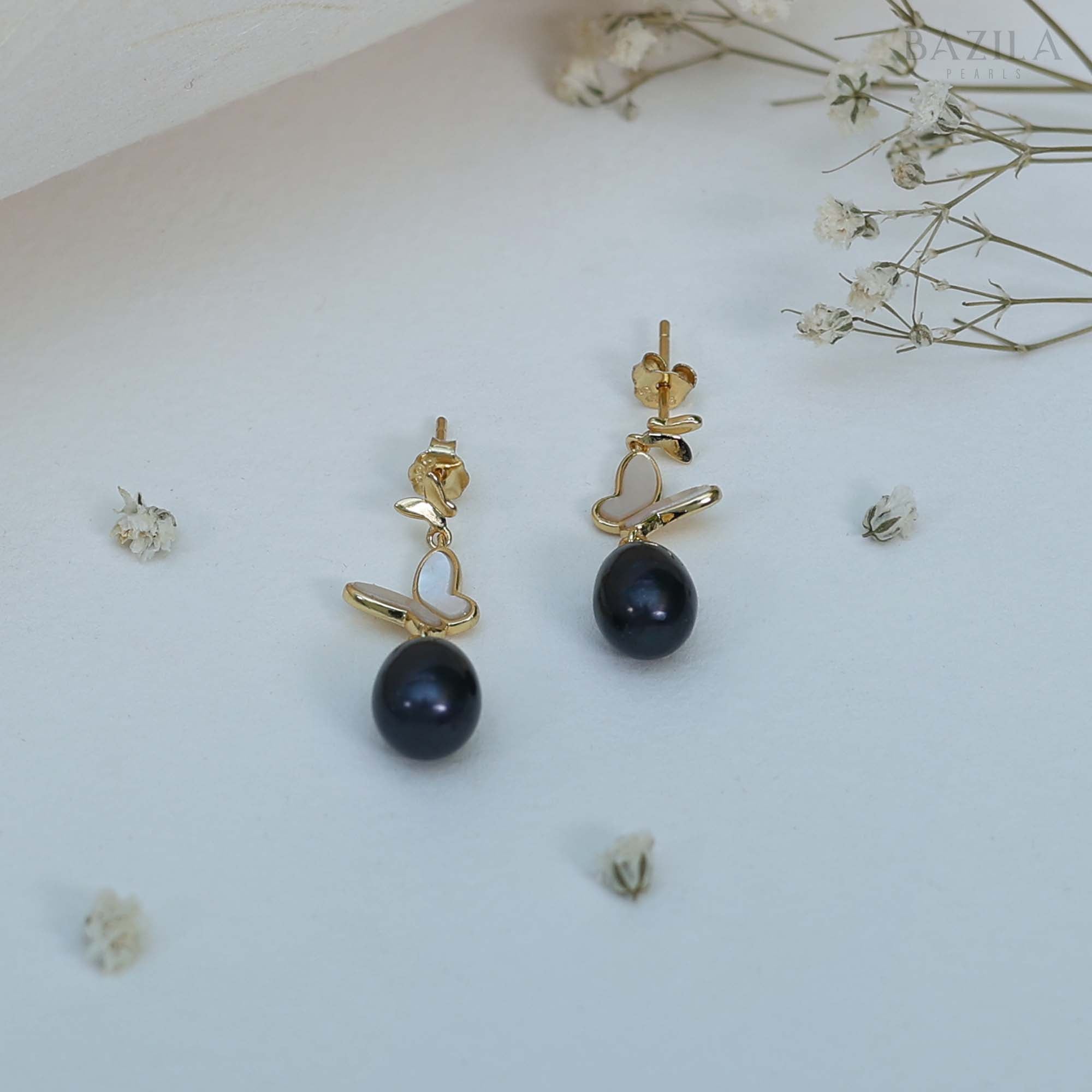 Midnight Freshwater Pearl Earrings with Graceful Gold Heart Detail