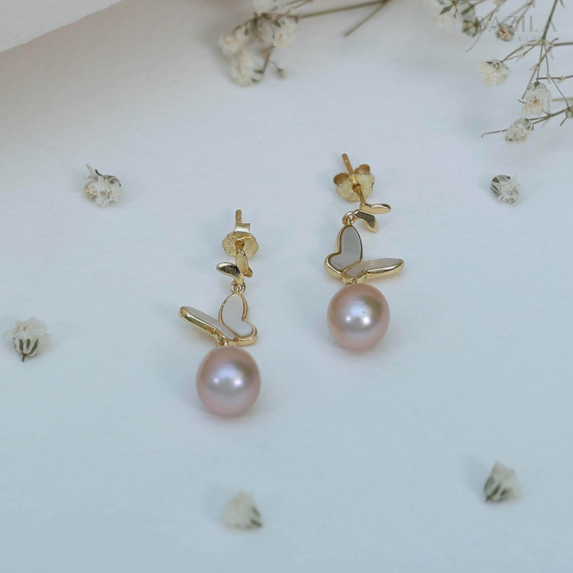 Romantic Pink Freshwater Pearl Earrings Designed in Gold-Plated Silver with Elegant Heart Detailing